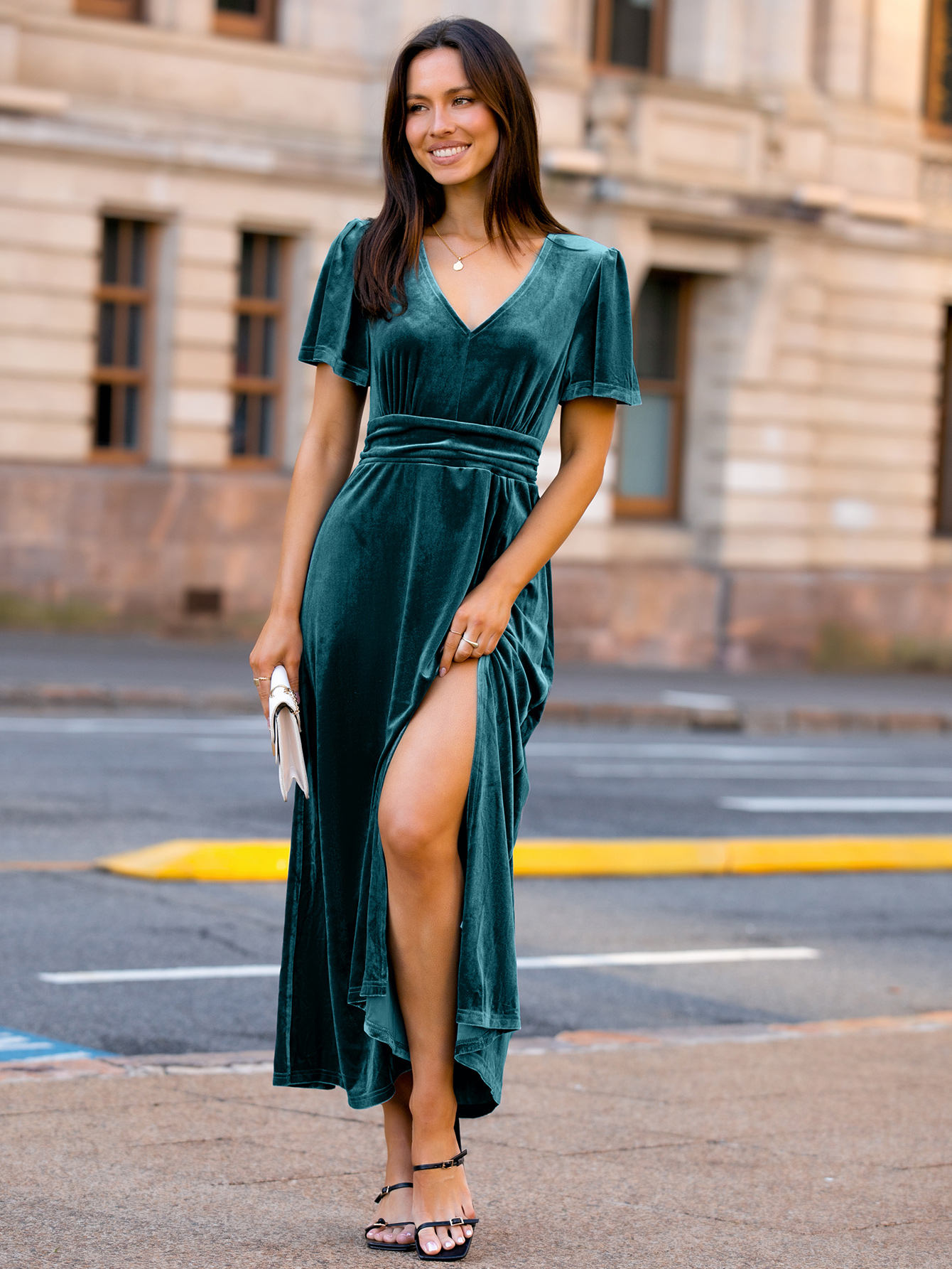 Elegant Velvet V-Neck Slit Ruffle Sleeve Maxi Dress