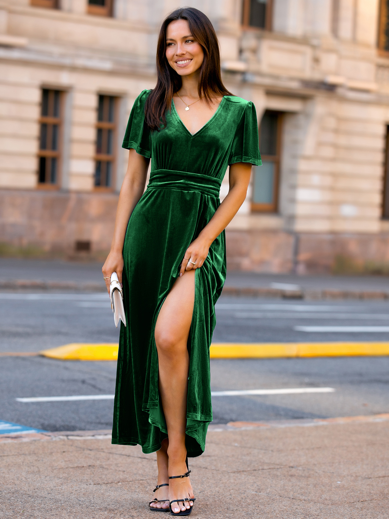 Elegant Velvet V-Neck Slit Ruffle Sleeve Maxi Dress