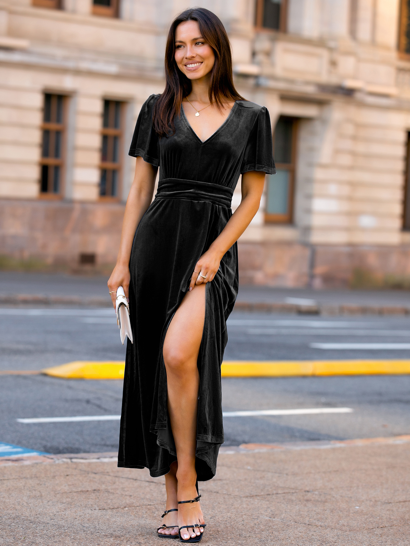 Elegant Velvet V-Neck Slit Ruffle Sleeve Maxi Dress