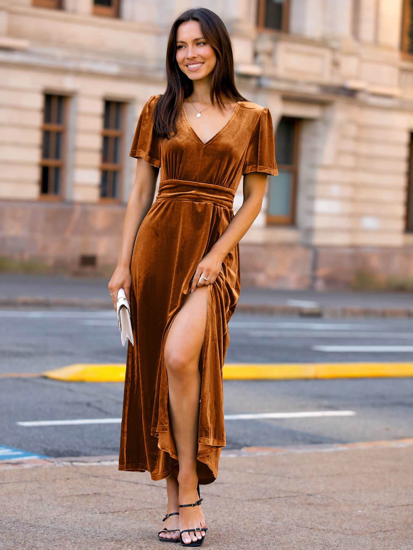Elegant Velvet V-Neck Slit Ruffle Sleeve Maxi Dress