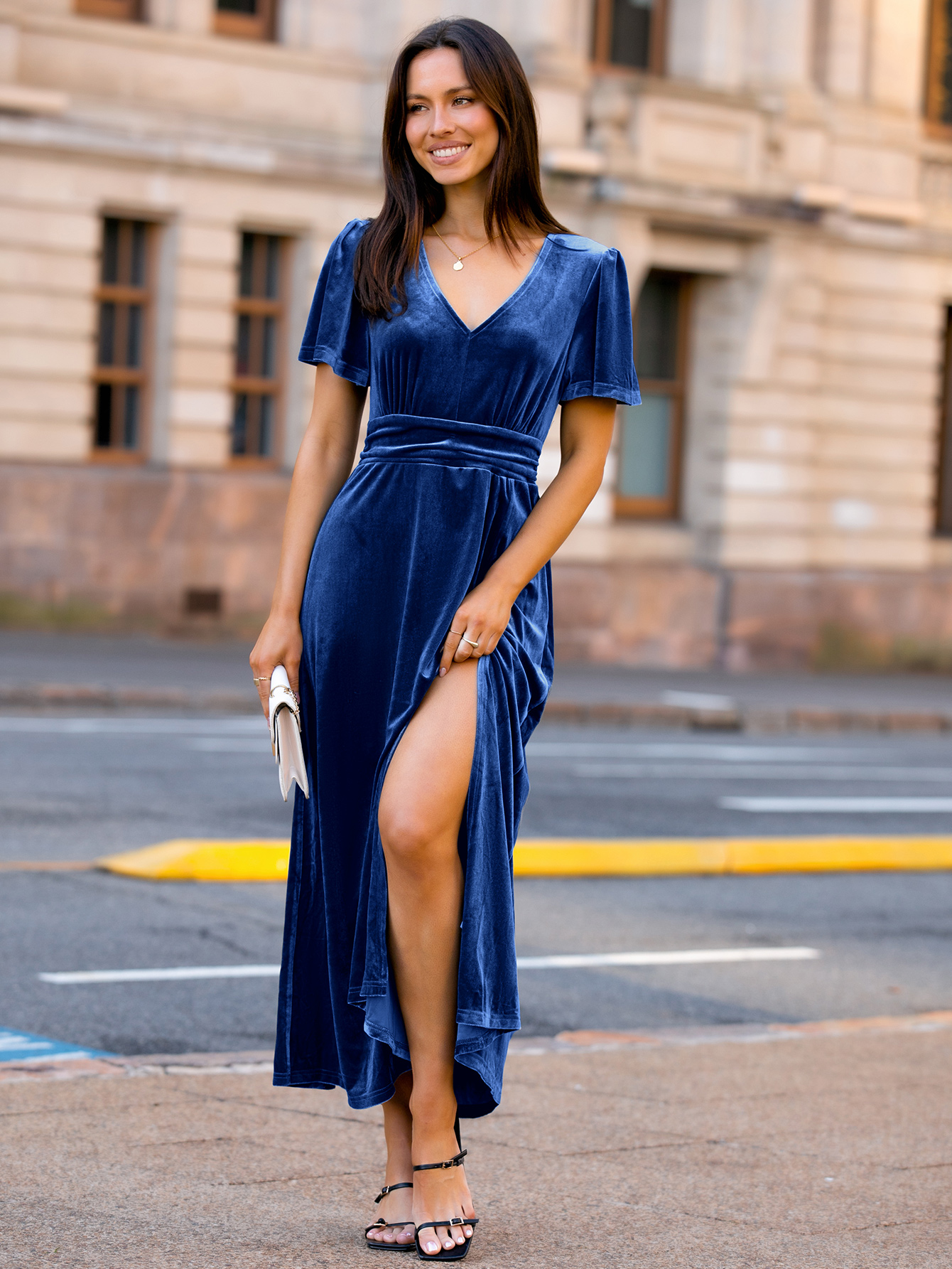 Elegant Velvet V-Neck Slit Ruffle Sleeve Maxi Dress
