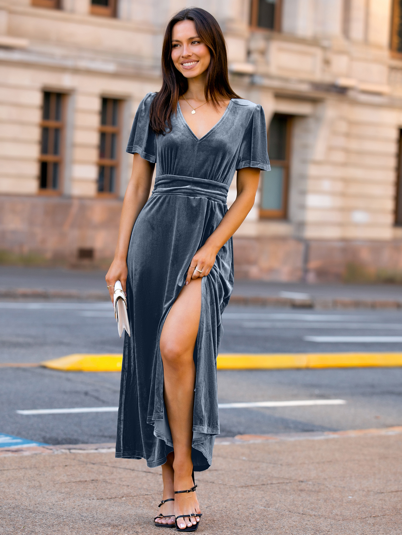Elegant Velvet V-Neck Slit Ruffle Sleeve Maxi Dress
