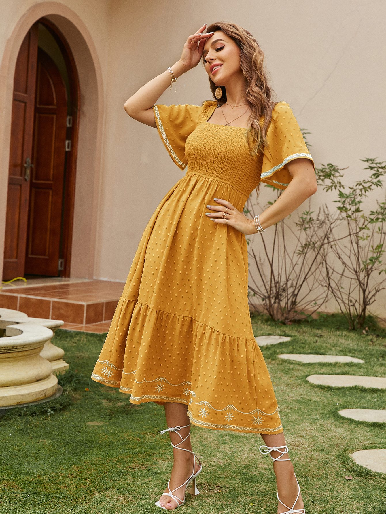 Square Neck Smocked Ruffle A Line Maxi Dress