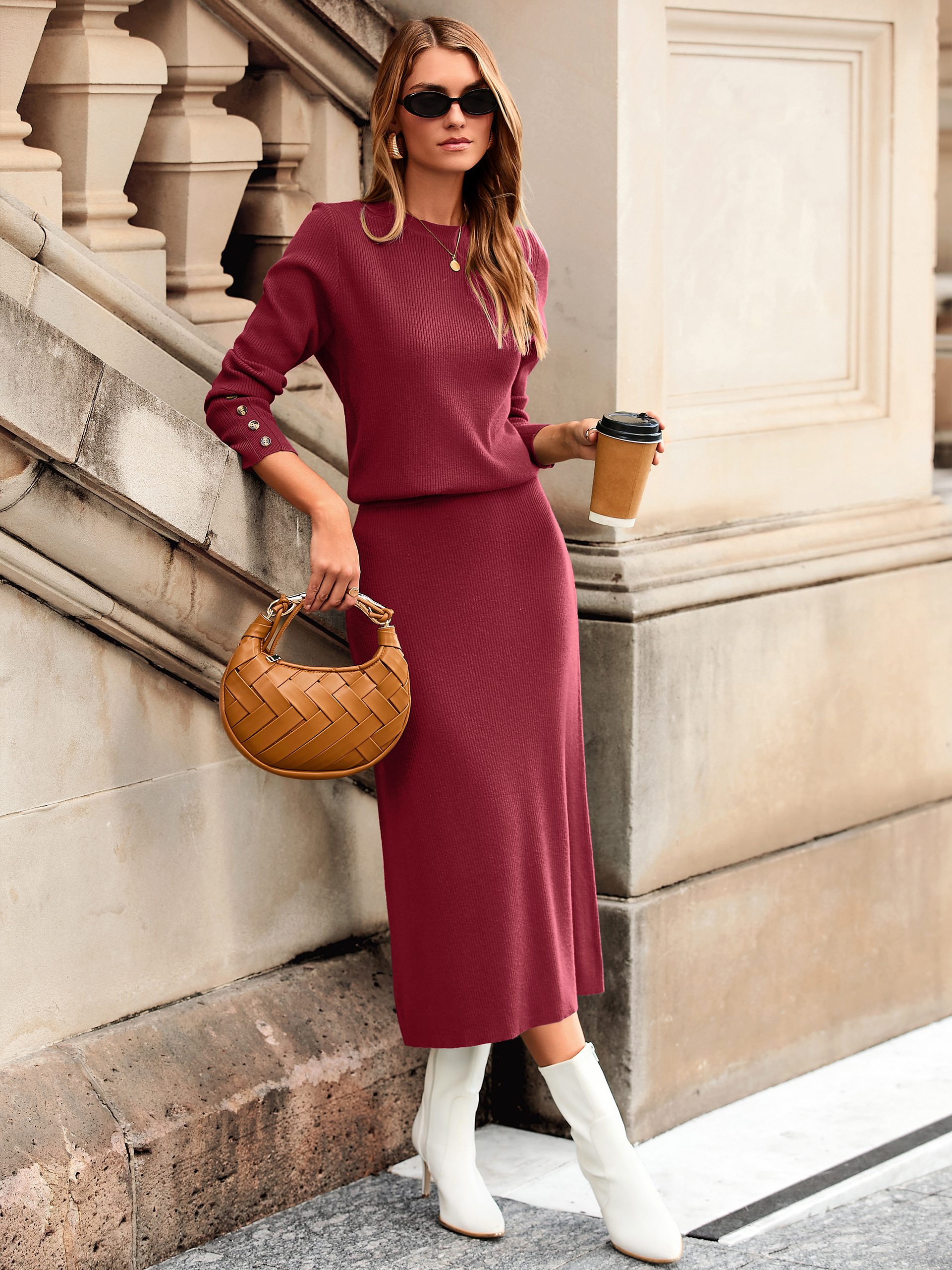 Ribbed Knit Crewneck Sweater Midi Skirt Set