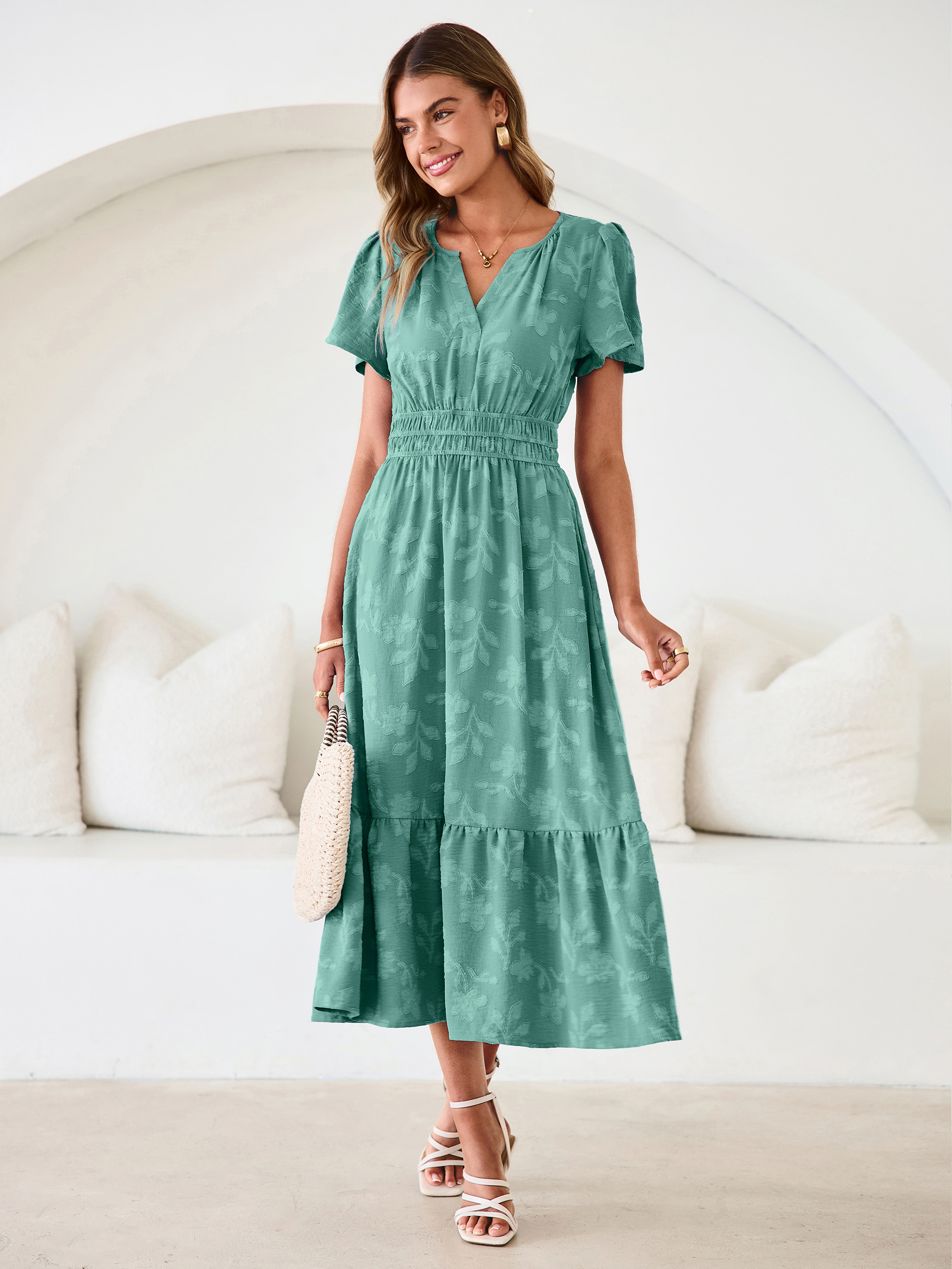 V Neck Burnout Floral Ruffle Maxi Dress