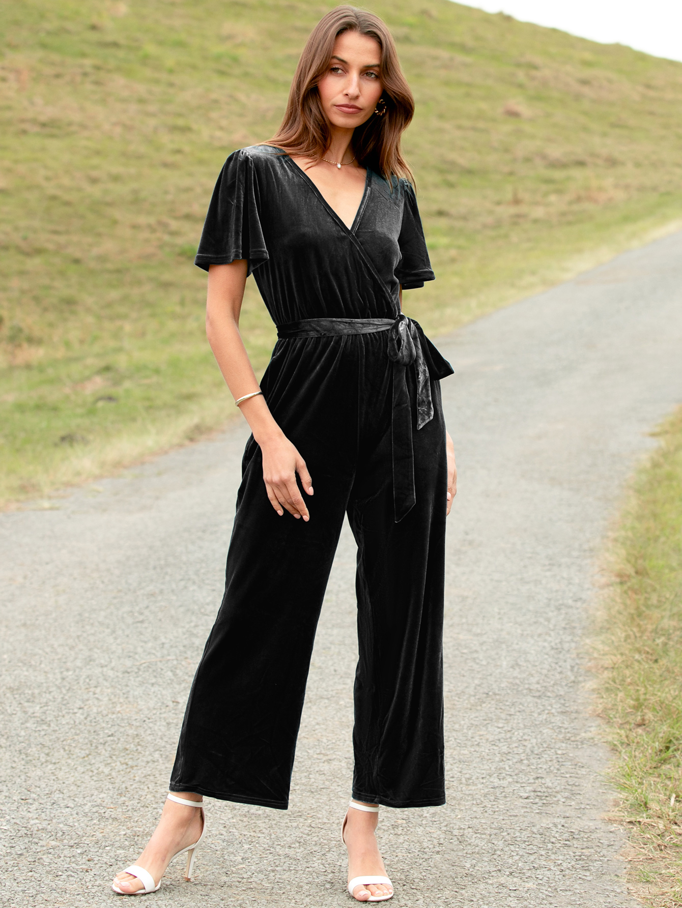 Velvet Short Sleeve Belted Wide Leg Jumpsuit