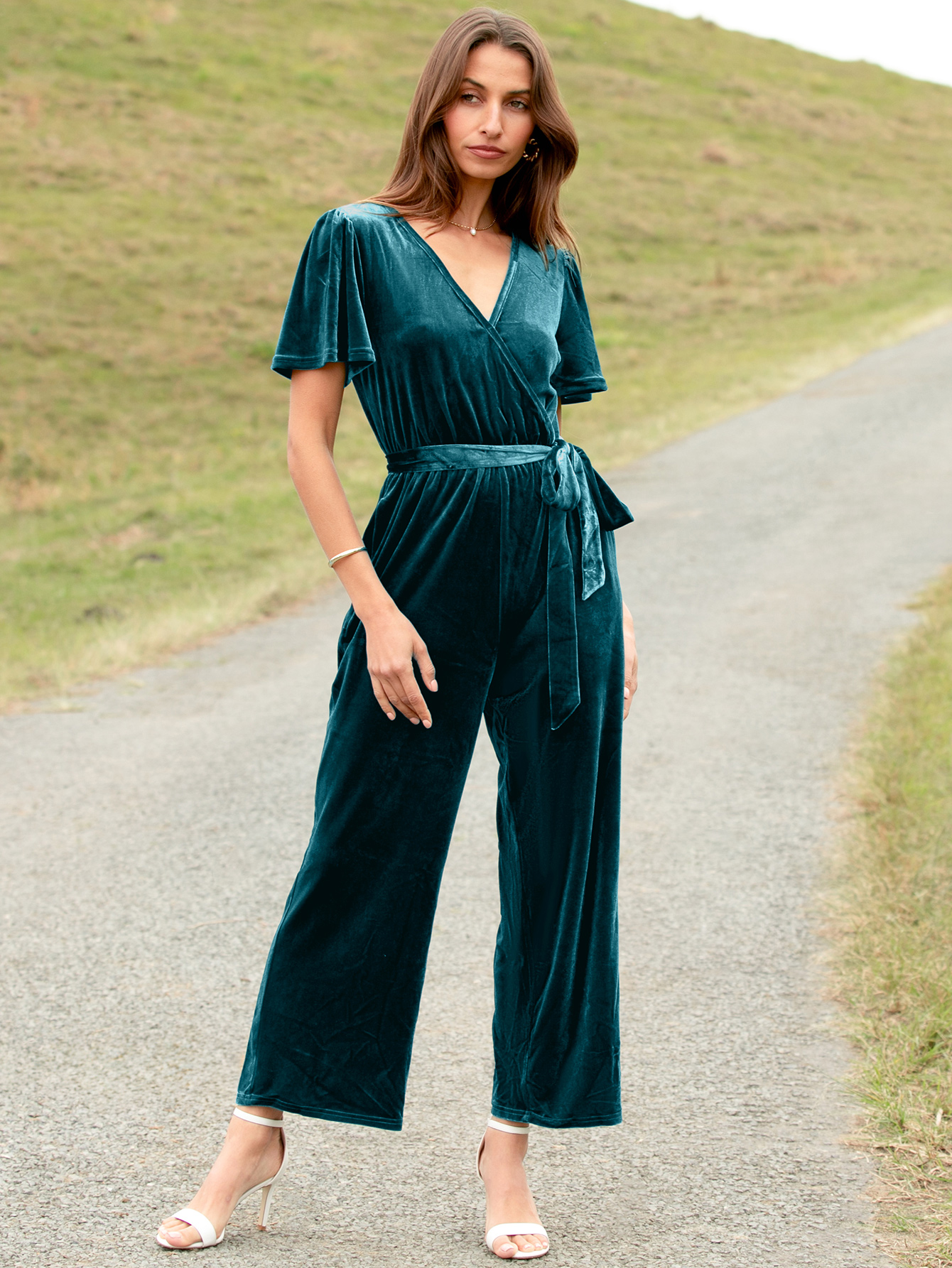 Velvet Short Sleeve Belted Wide Leg Jumpsuit