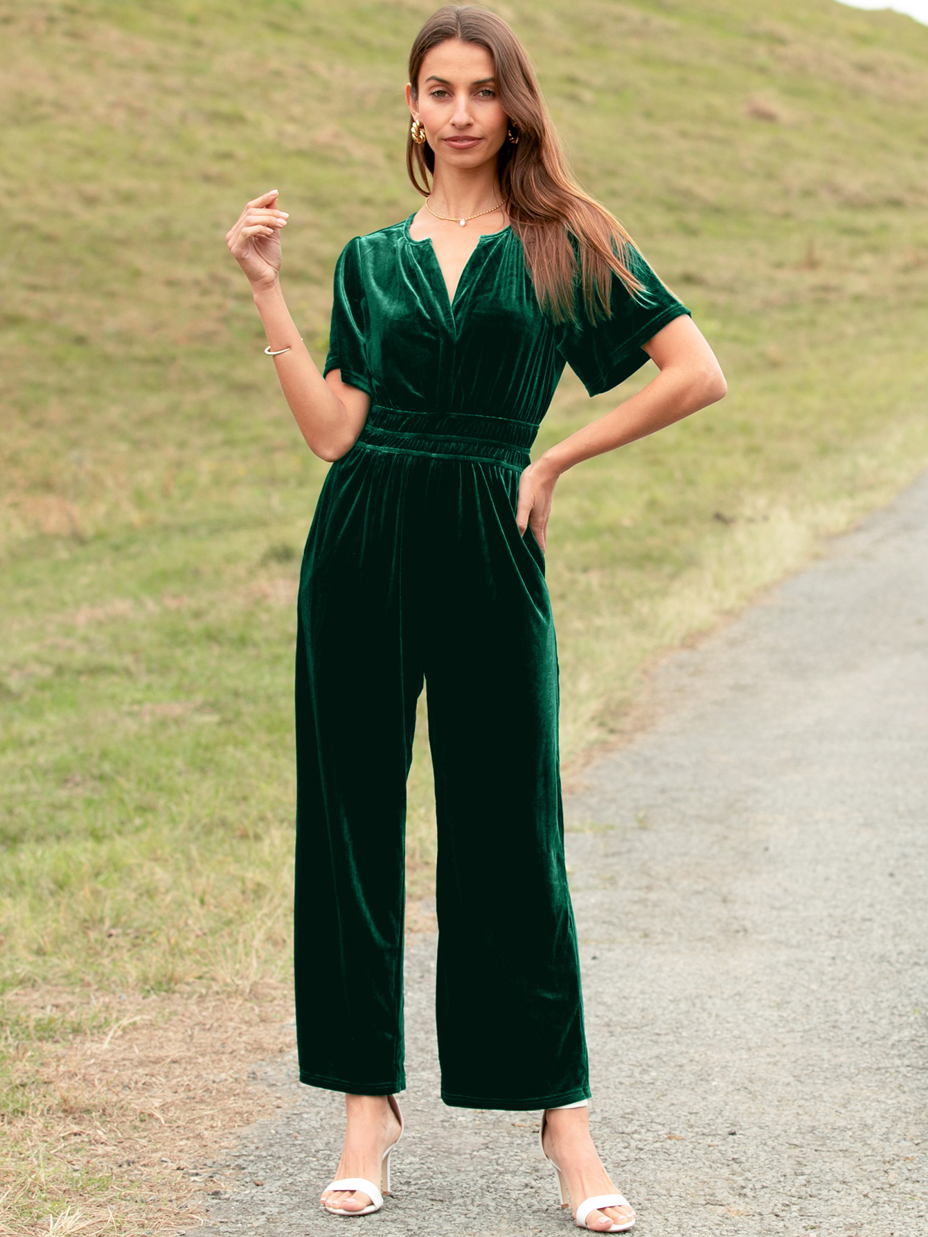 Velvet Short Sleeve V Neck Wide Leg Jumpsuit
