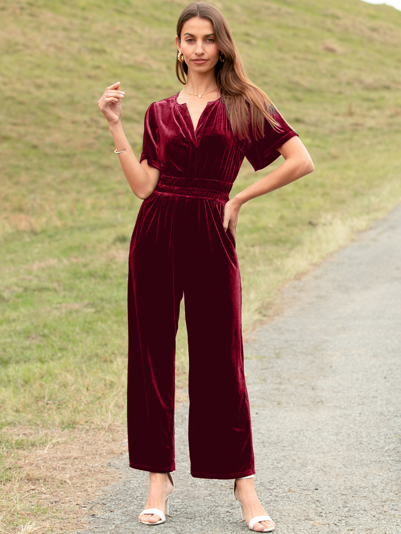 Velvet Short Sleeve V Neck Wide Leg Jumpsuit