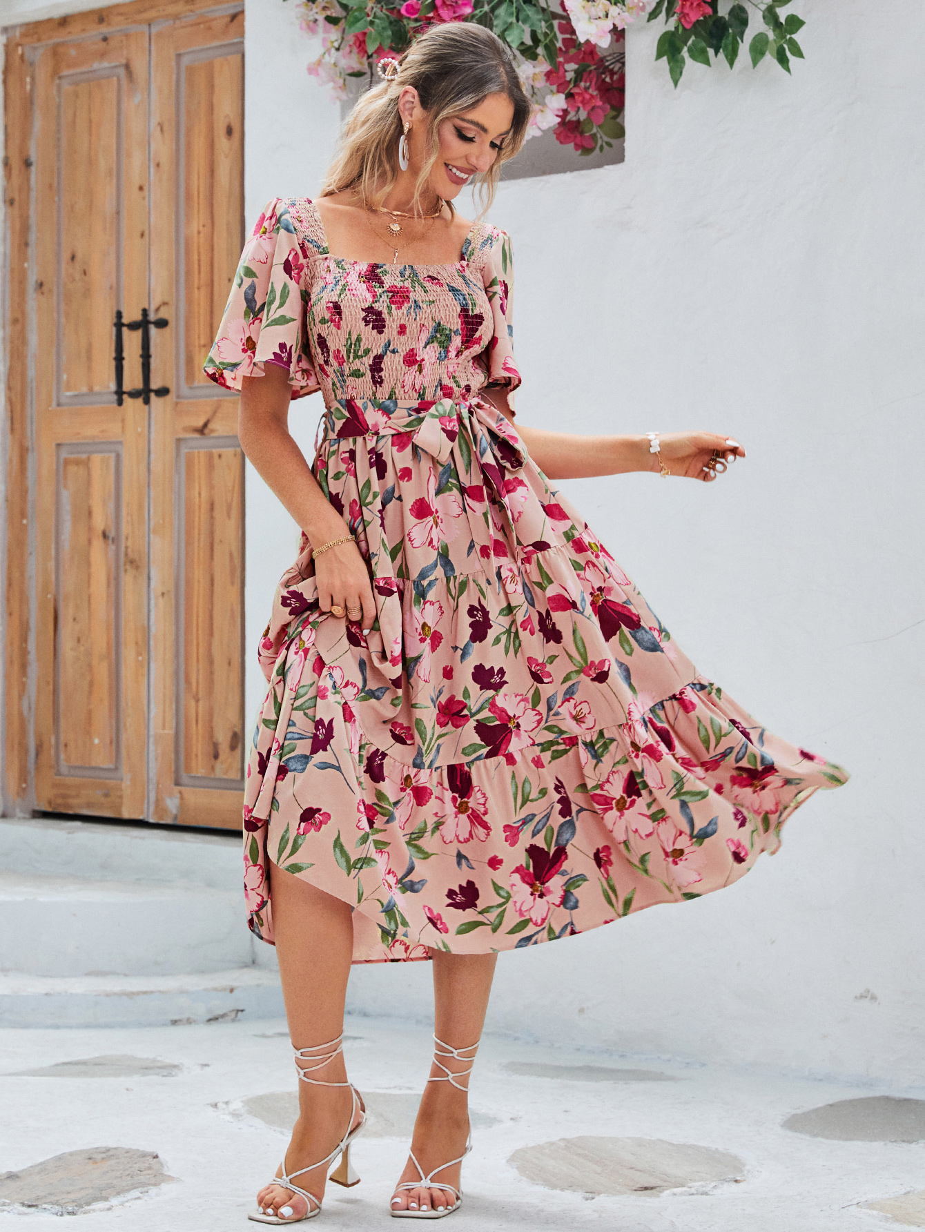 Floral Shirred Ruffle Sleeve Tie Waist Midi Dress - Pink