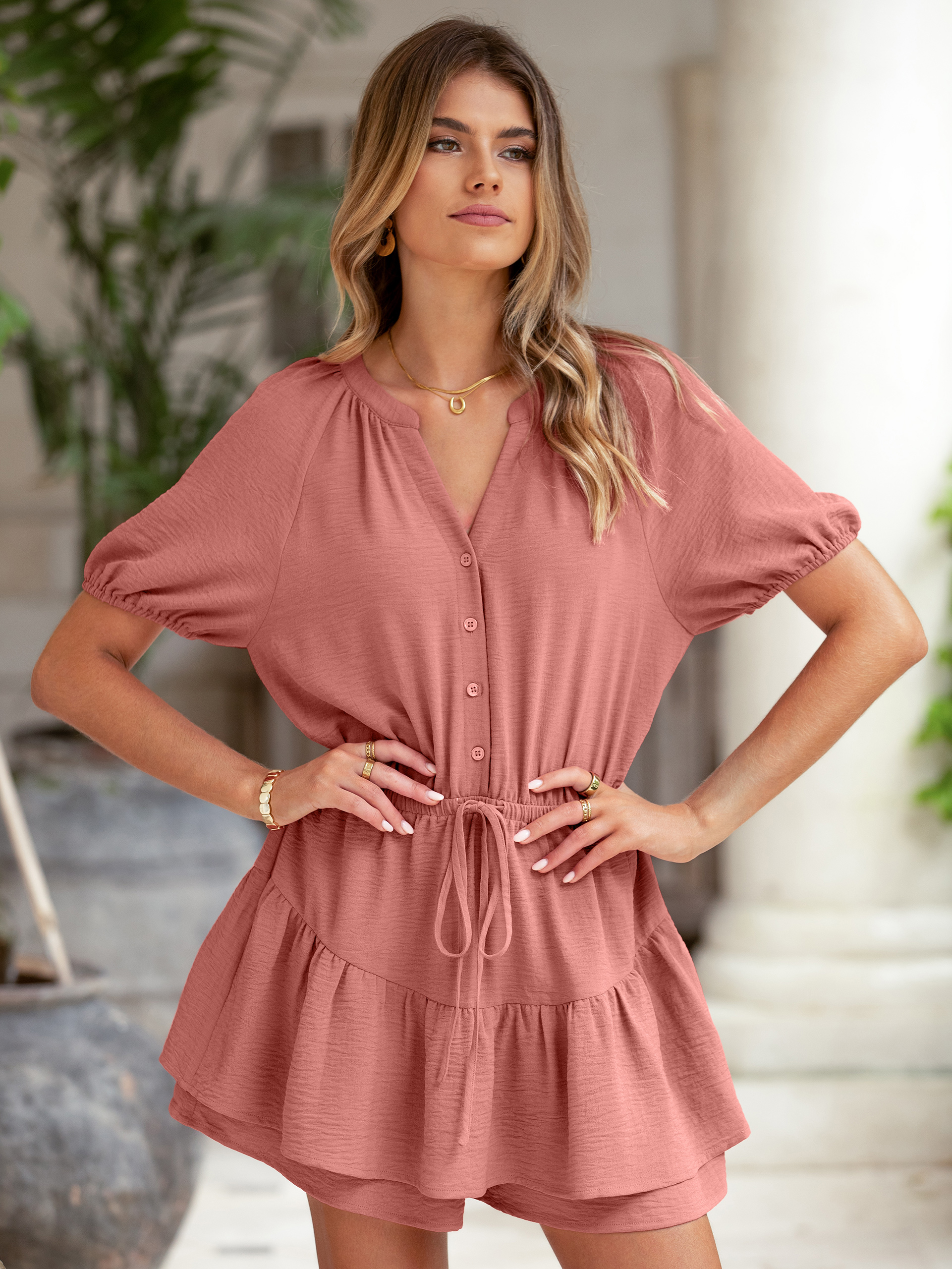 Ruffle V Neck Short Sleeve Tie Waist Romper