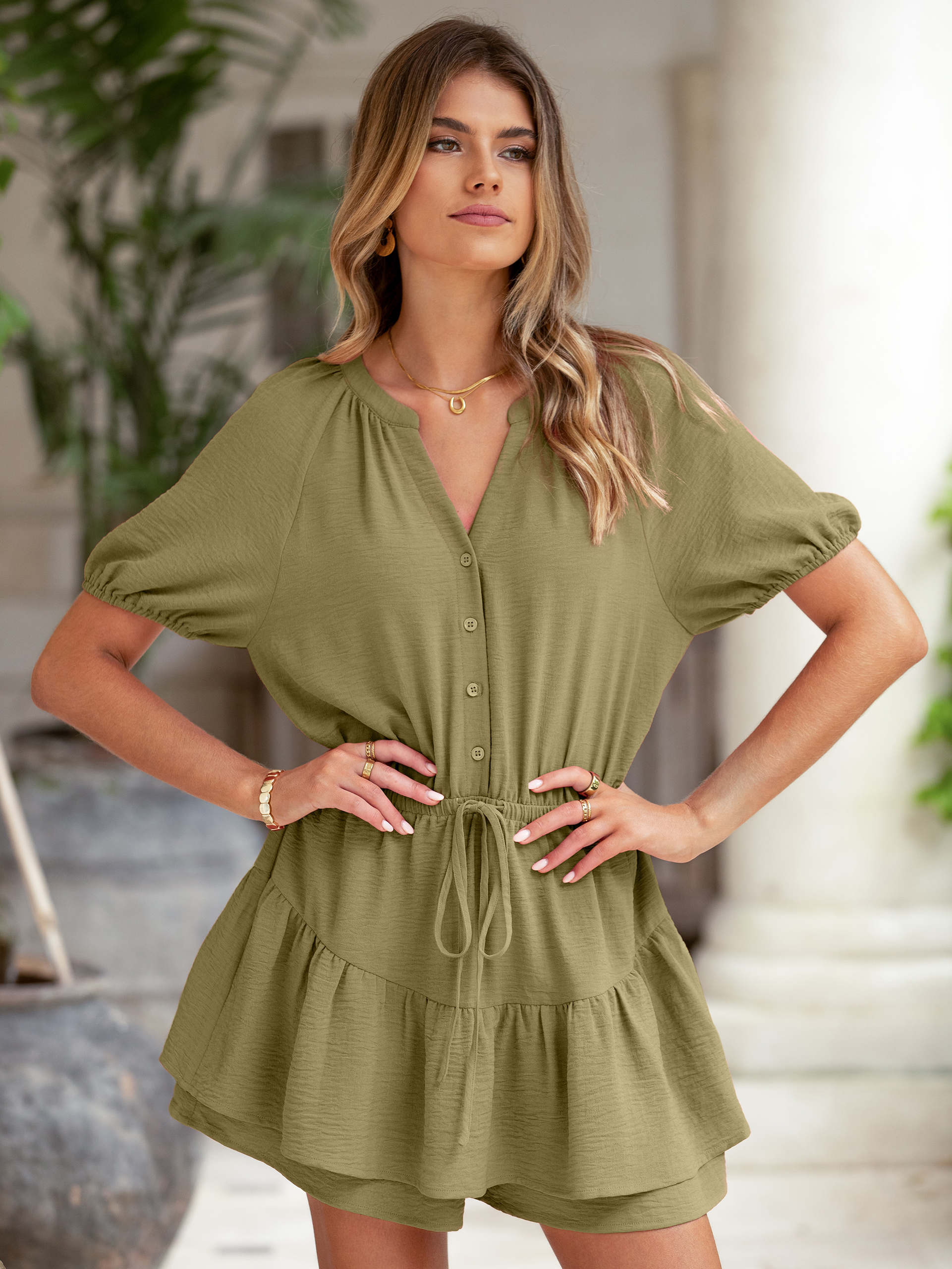 Ruffle V Neck Short Sleeve Tie Waist Romper