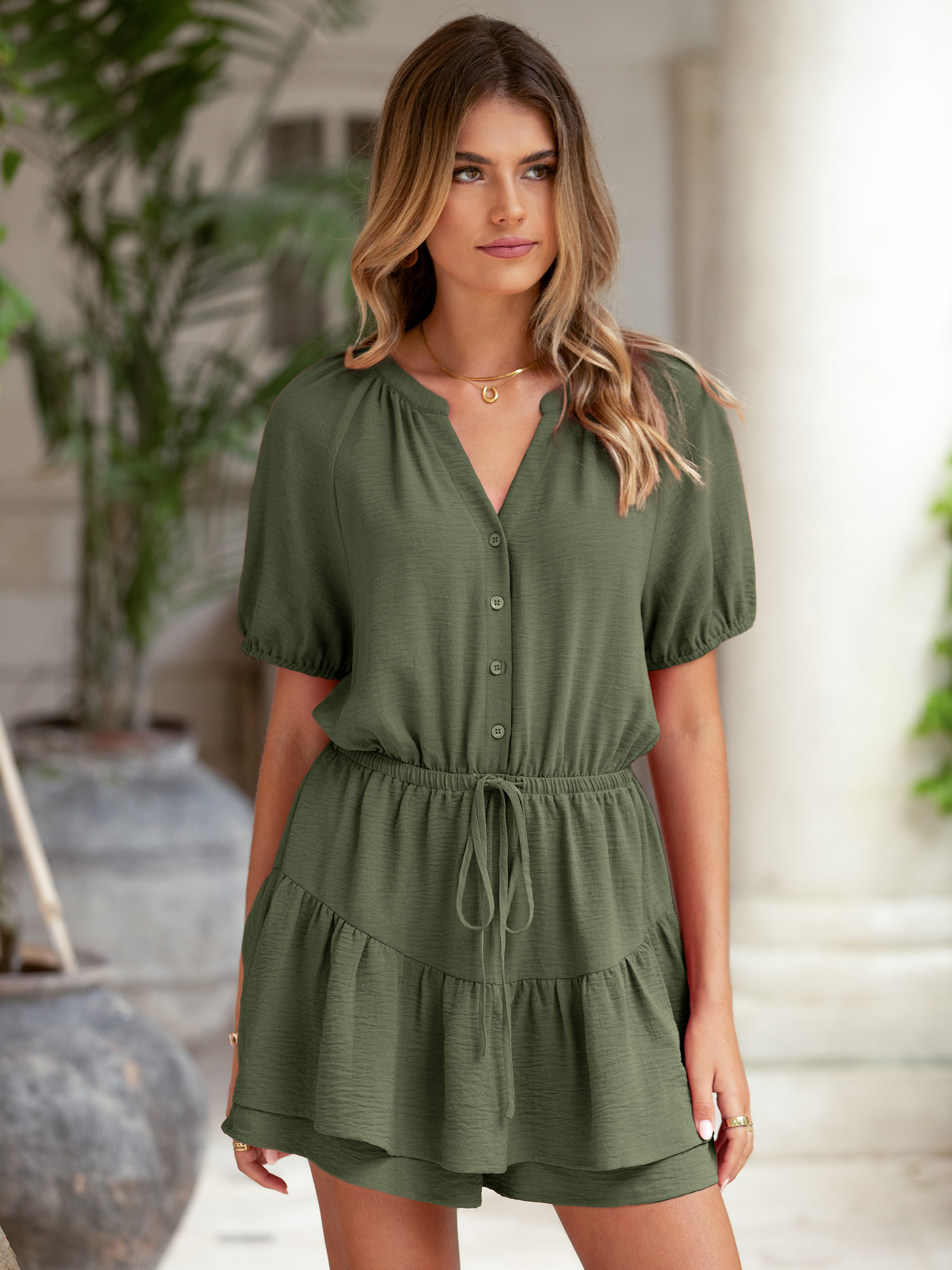 Ruffle V Neck Short Sleeve Tie Waist Romper