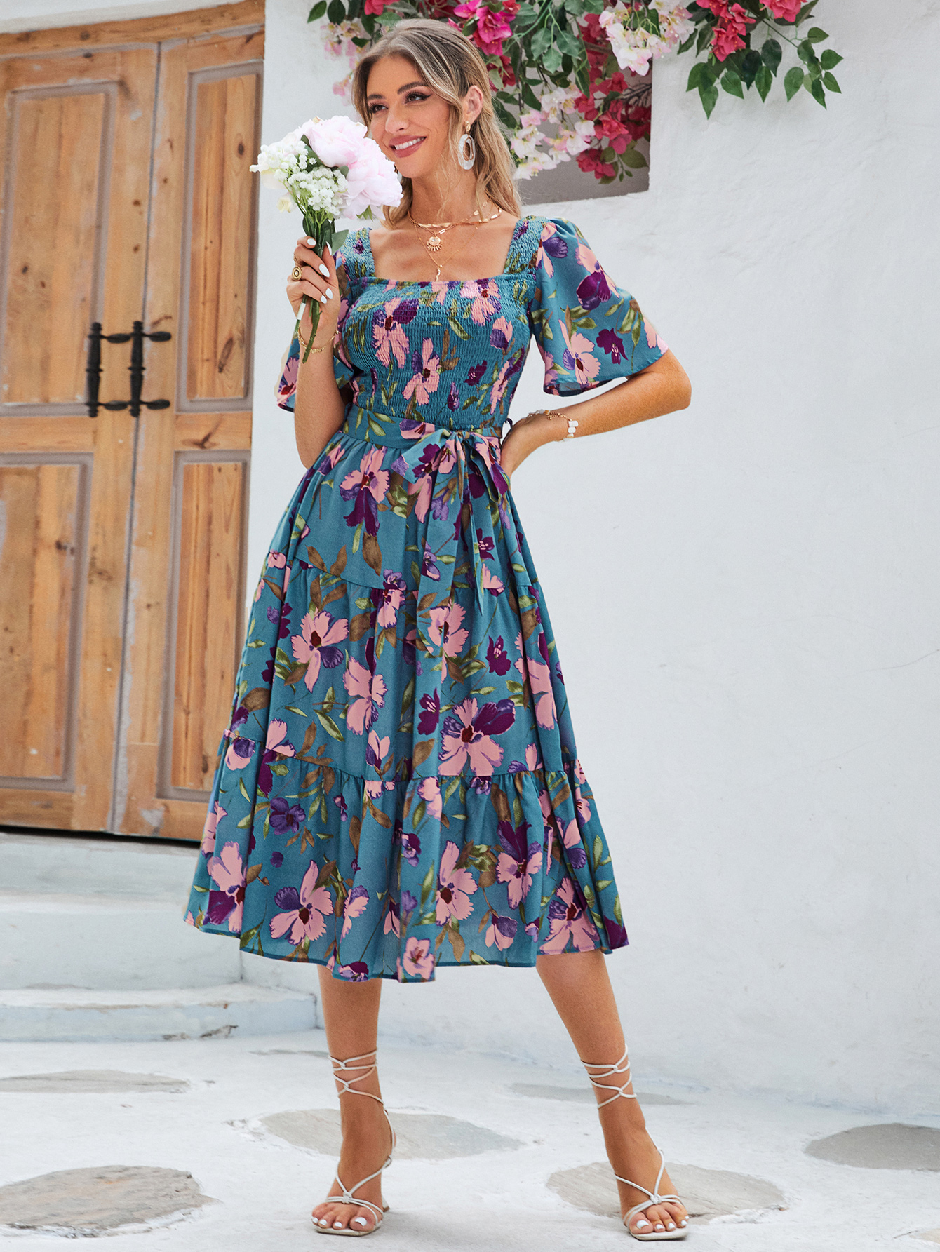 Floral Shirred Ruffle Sleeve Tie Waist Midi Dress - Blue