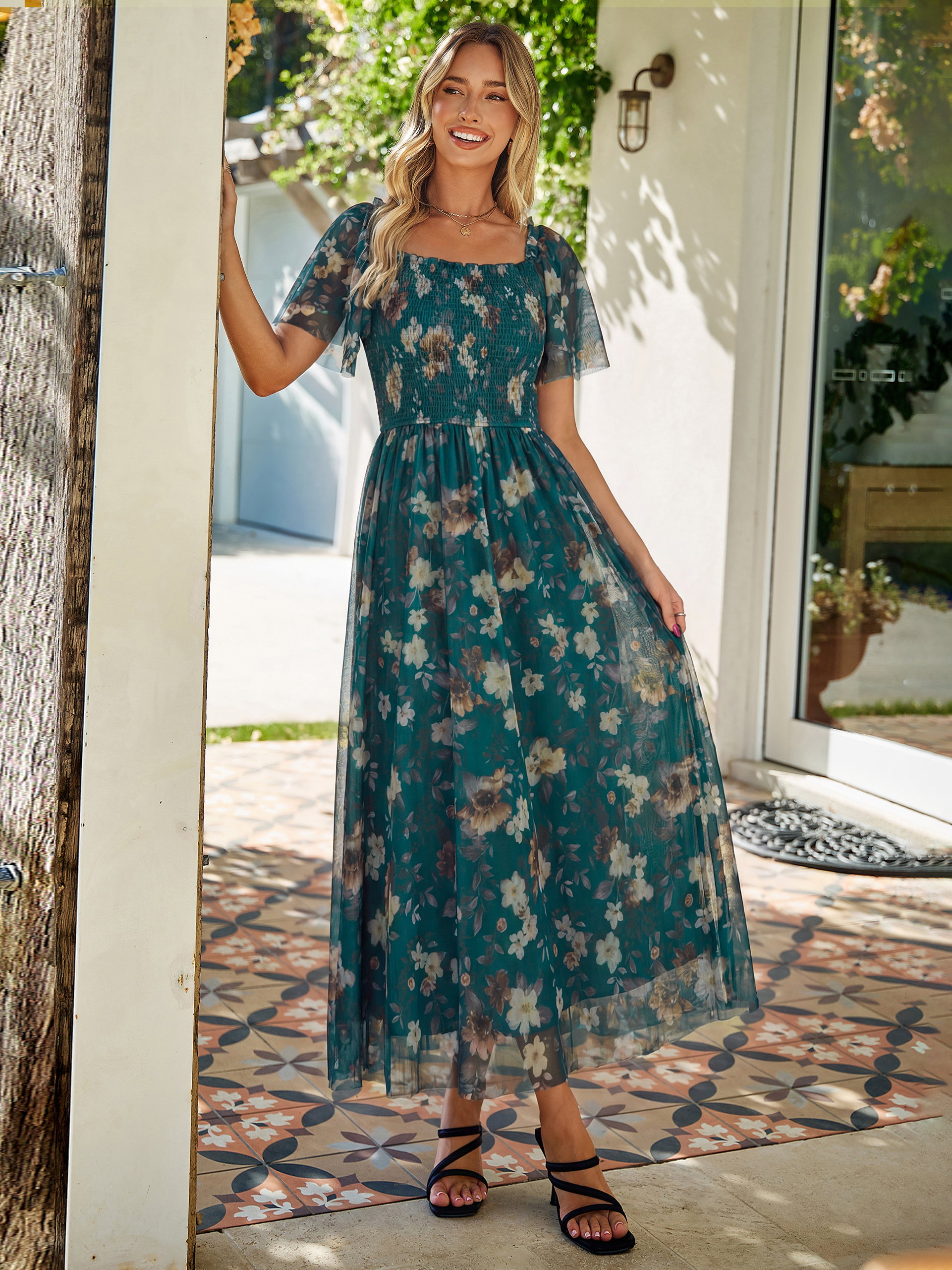 Floral Square Neck Smocked Flutter Sleeve Maxi Dress