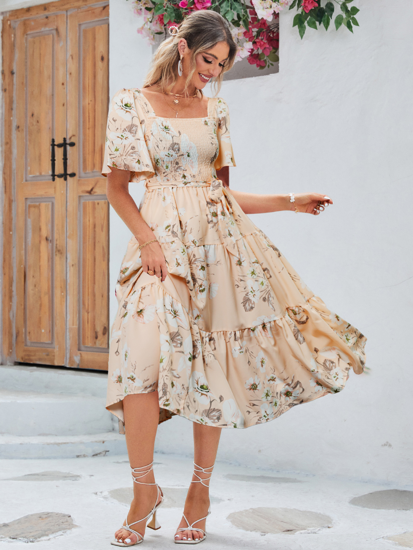 Floral Shirred Ruffle Sleeve Tie Waist Midi Dress - Light Pink