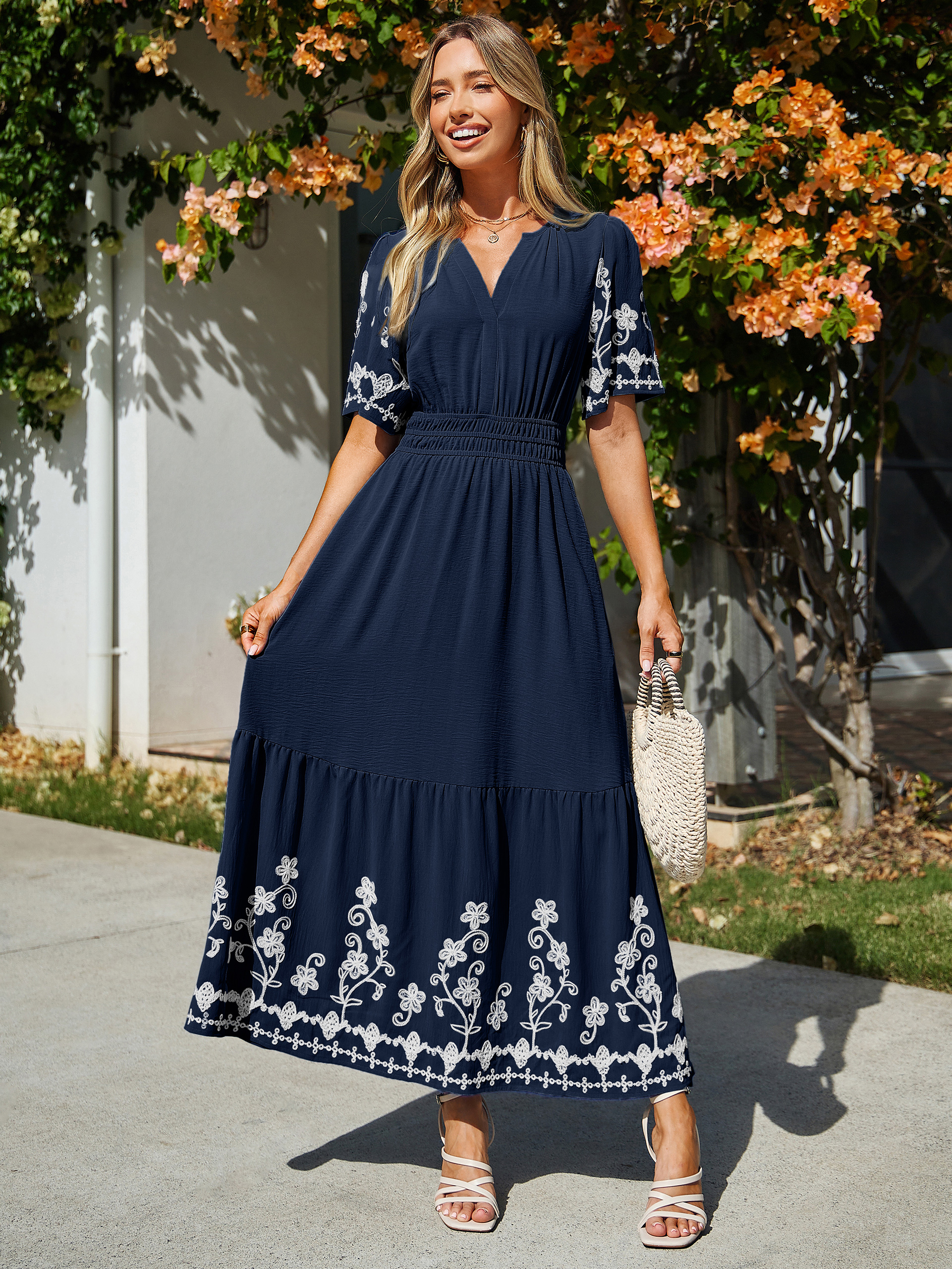 Floral Embroidery V-Neck A-Line Maxi Dress