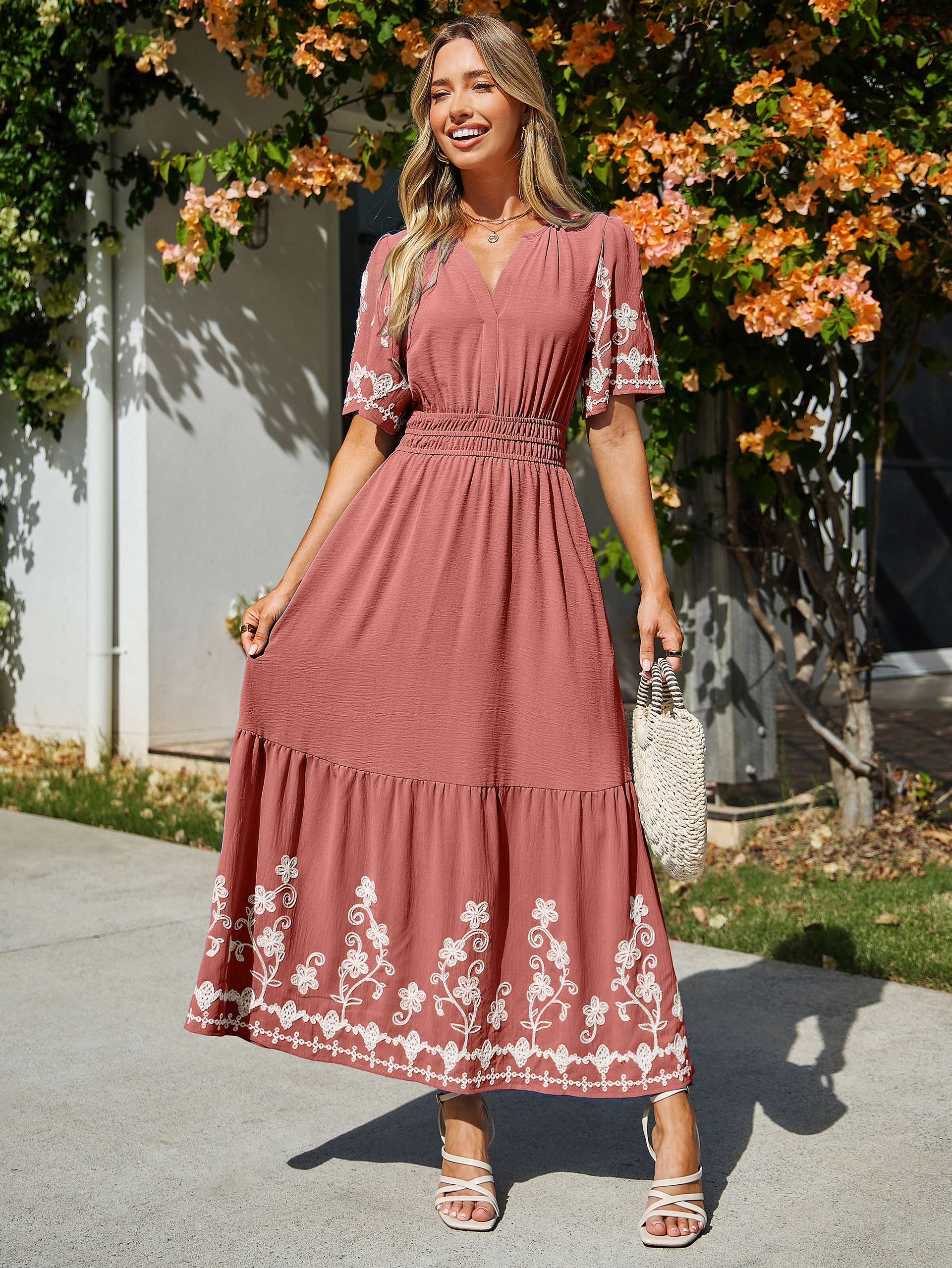 Floral Embroidery V-Neck A-Line Maxi Dress