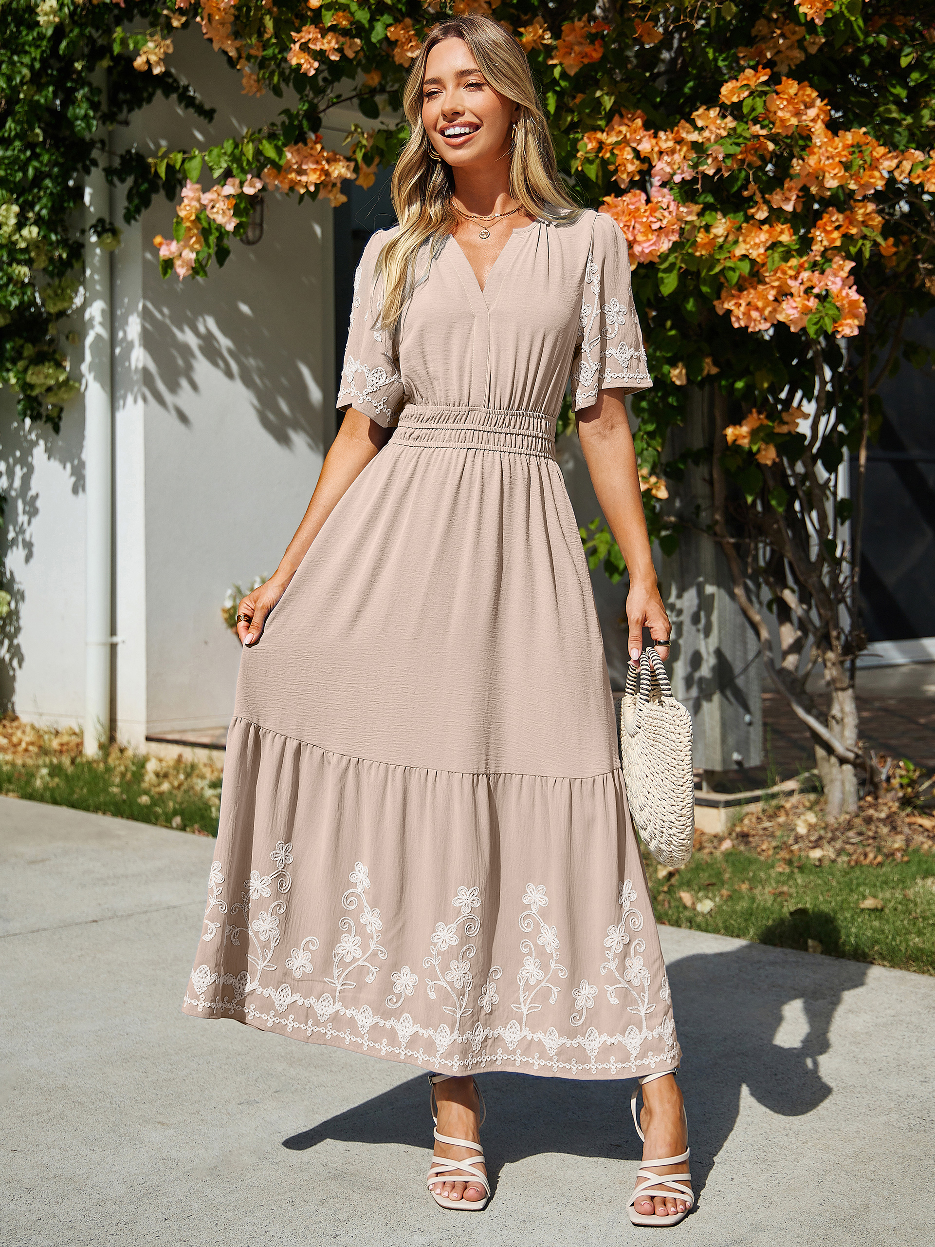 Floral Embroidery V-Neck A-Line Maxi Dress