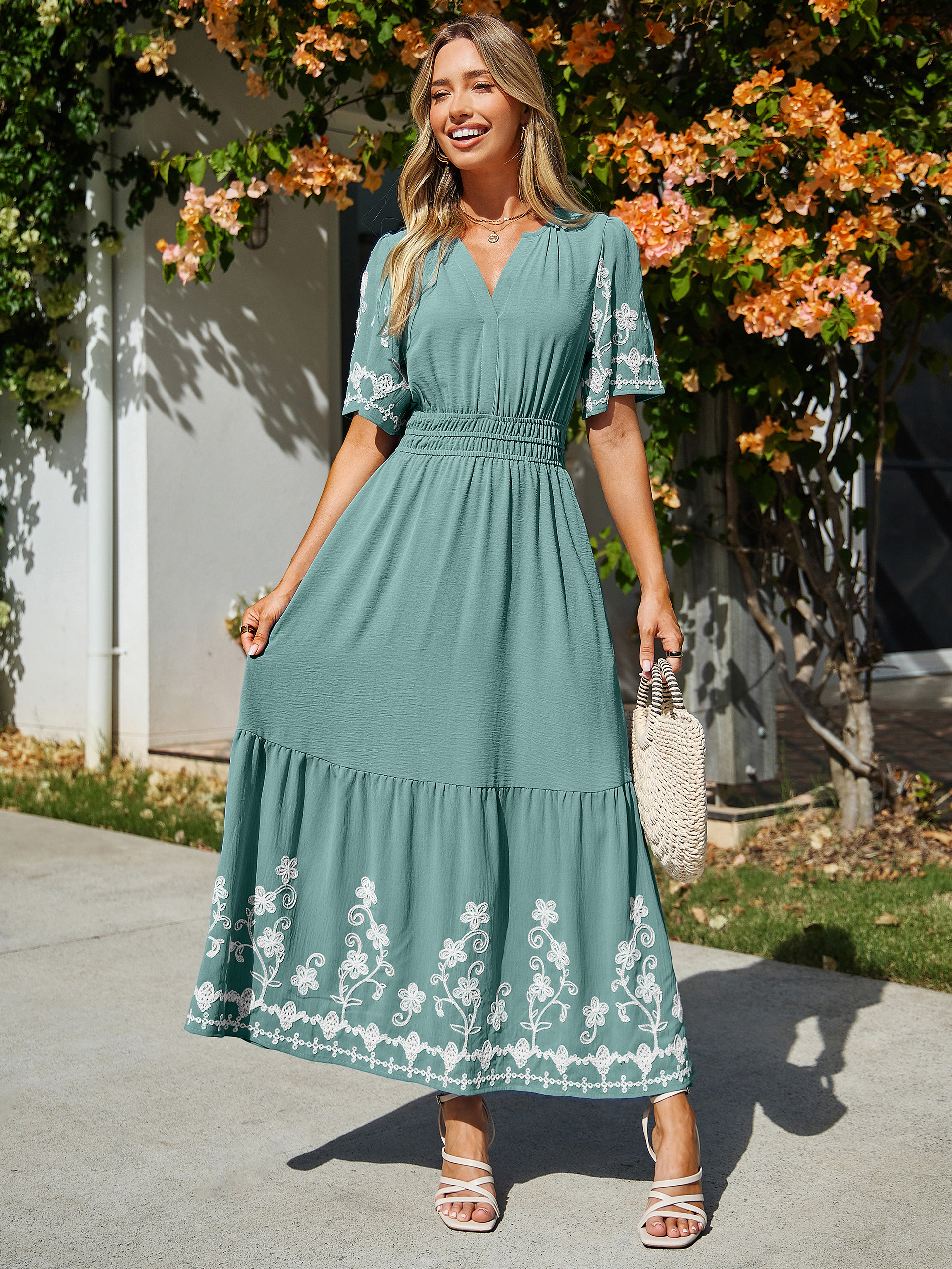 Floral Embroidery V-Neck A-Line Maxi Dress