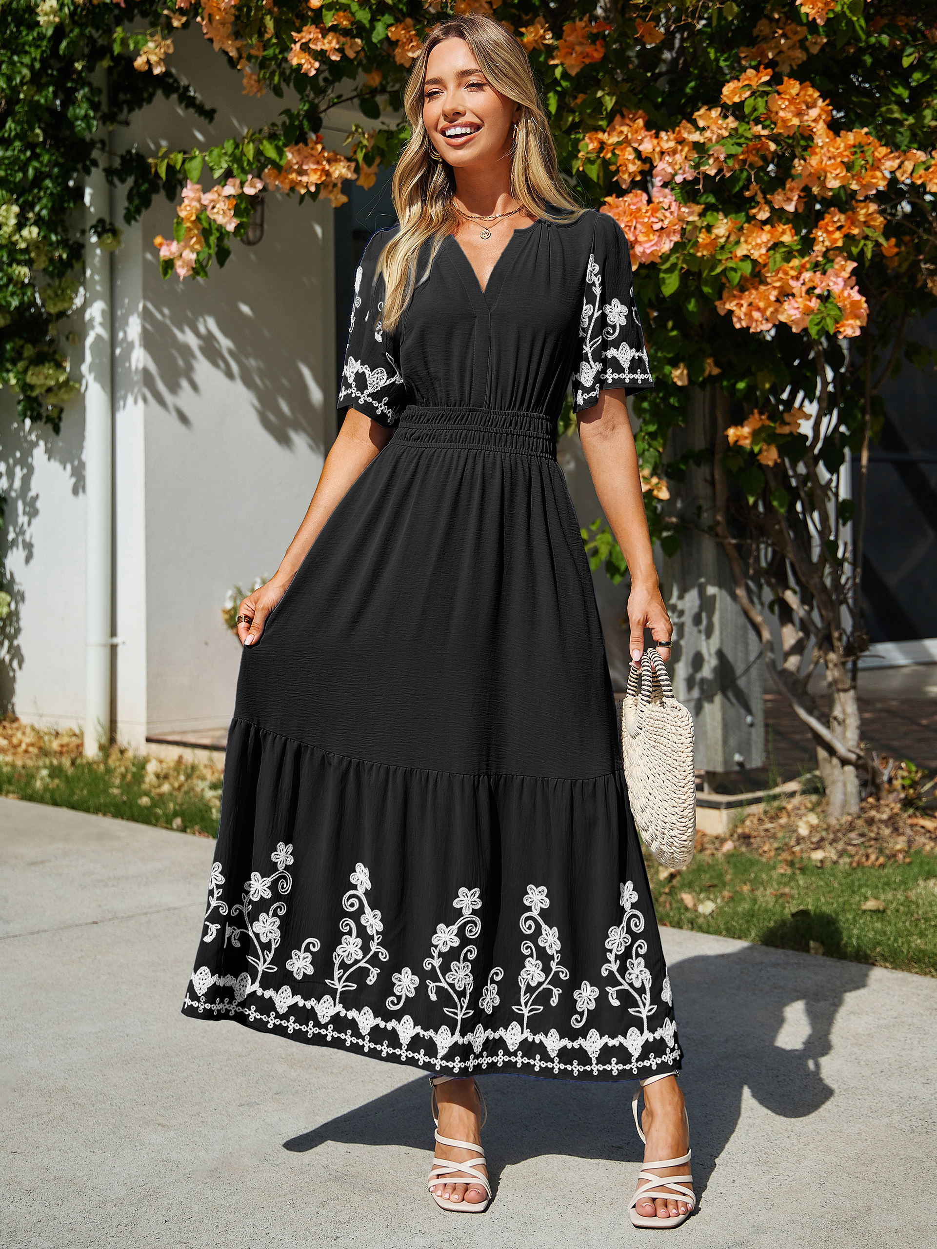 Floral Embroidery V-Neck A-Line Maxi Dress