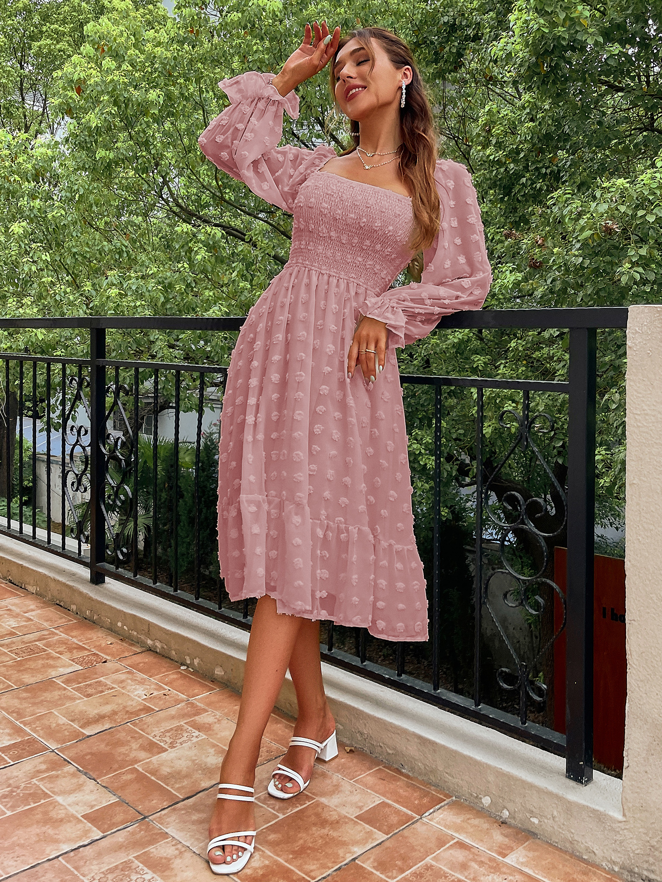 Square Neck Swiss Dot Long Sleeve Shirred Midi Dress - Pink
