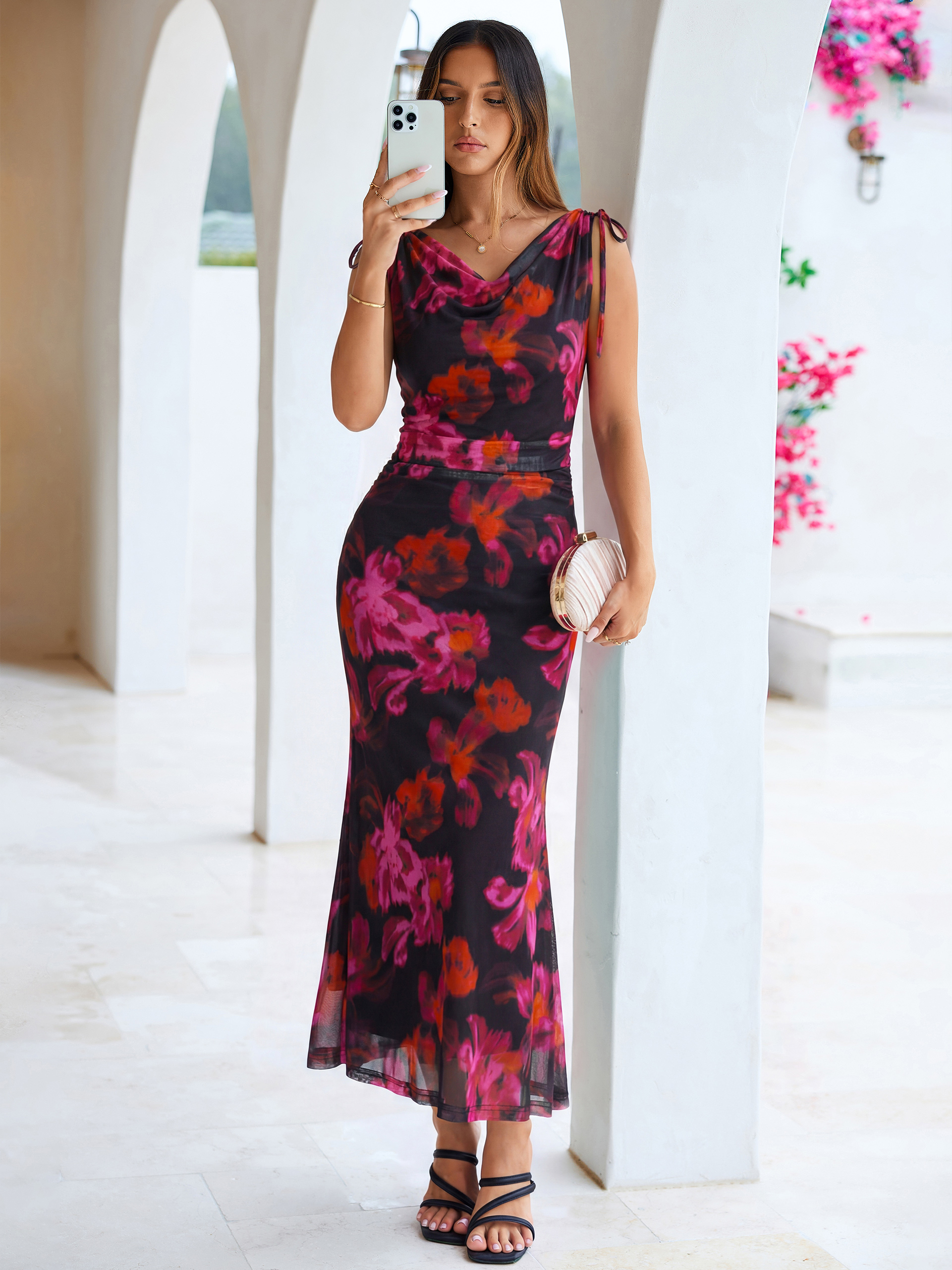 Floral Off Shoulder Mesh Bodycon Maxi Dress
