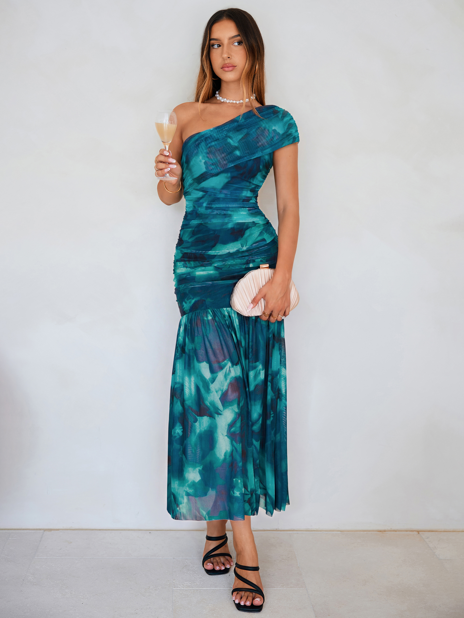 One Shoulder Floral Ruched Mesh Bodycon Dress