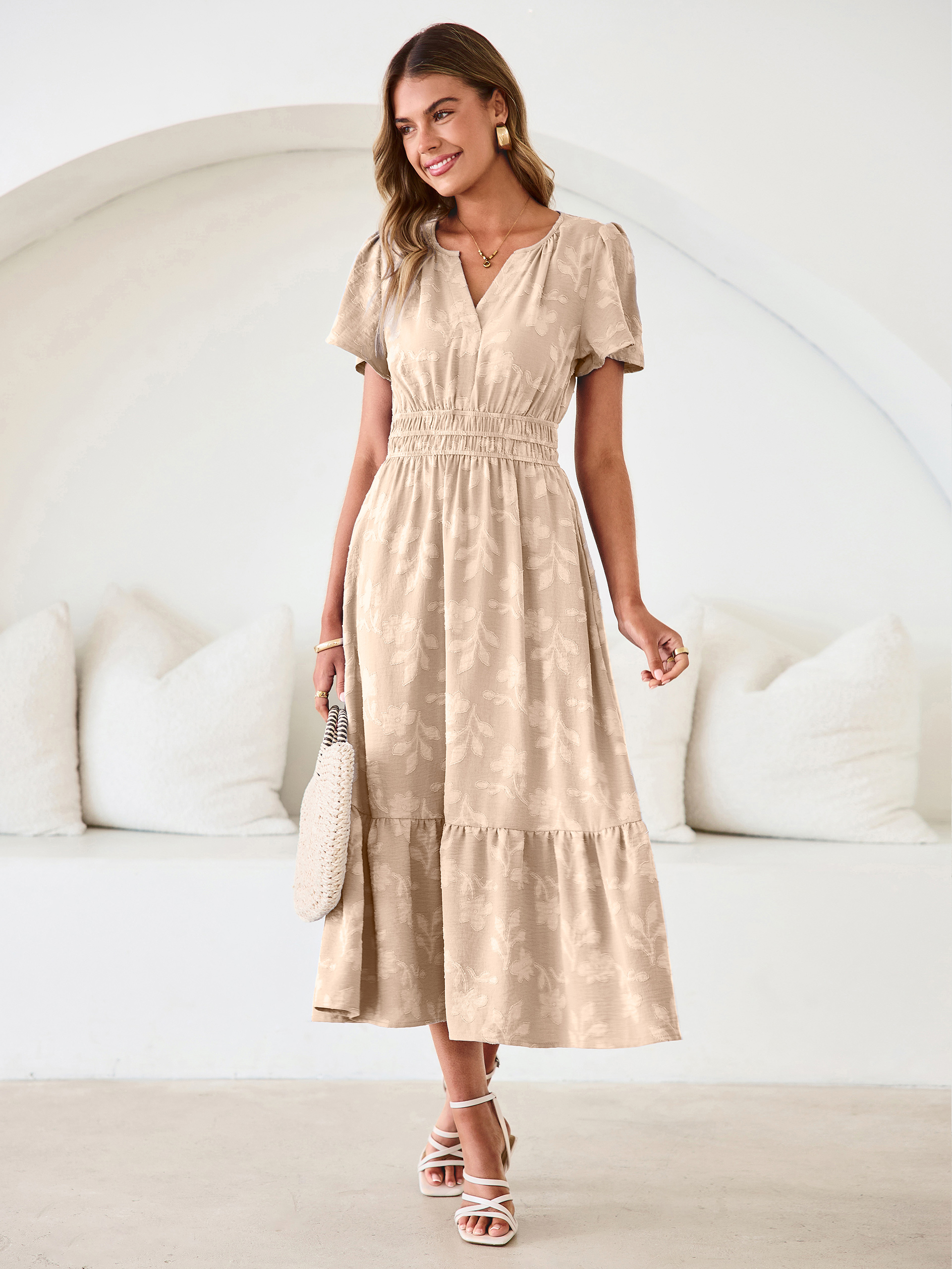 V Neck Burnout Floral Ruffle Maxi Dress