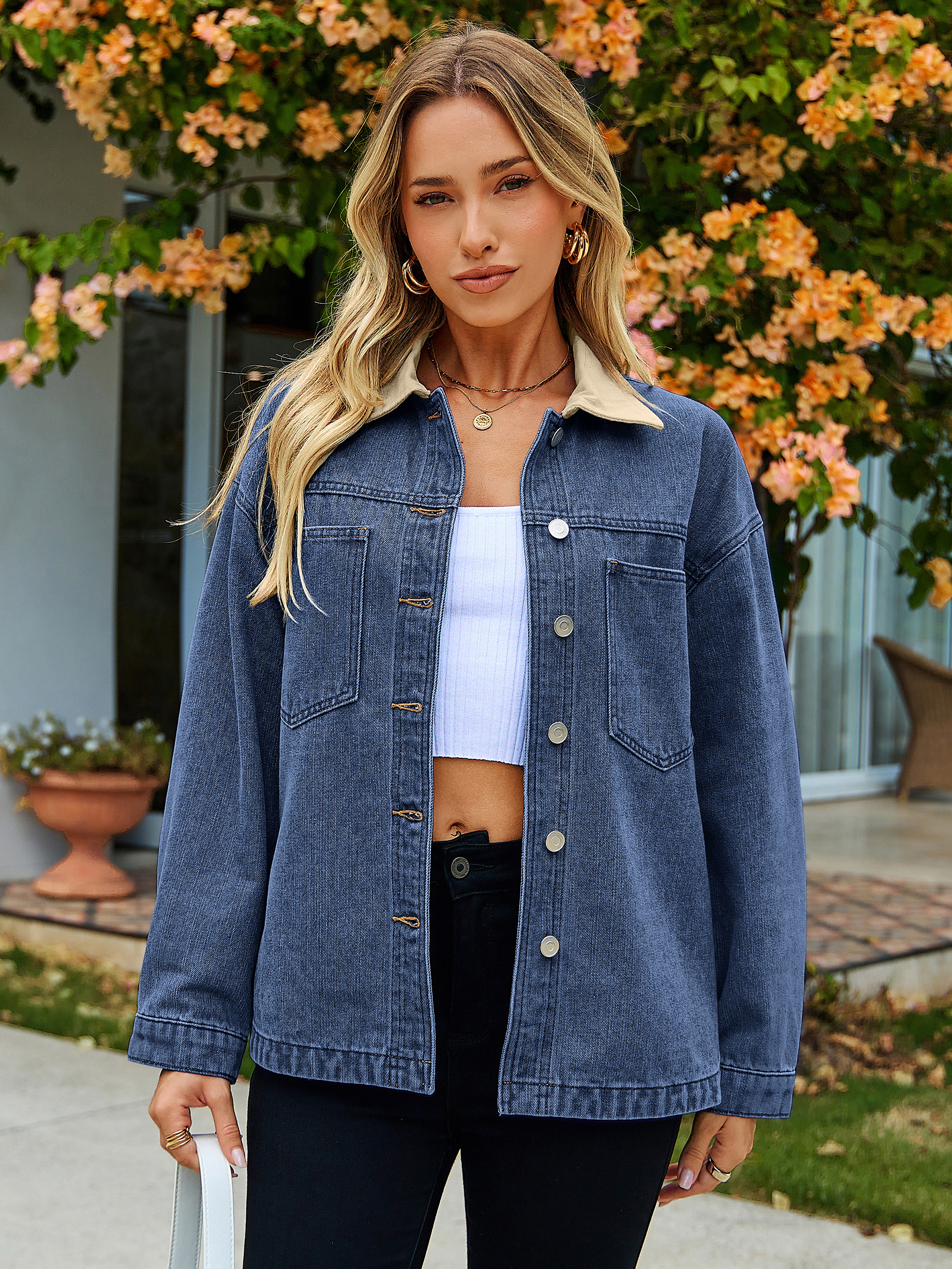 Oversized Contrast Collar Vintage Denim Jacket - Denim Dark Blue