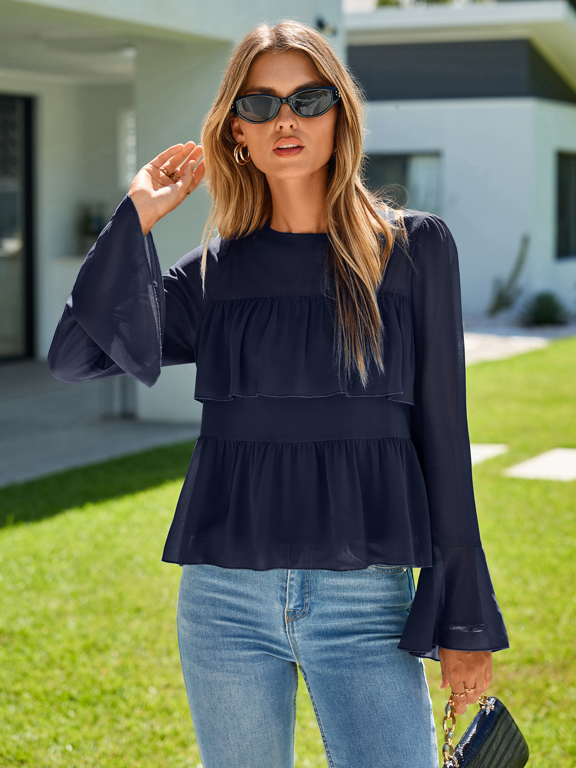 Round Neck Ruffle Peplum Chiffon Blouse