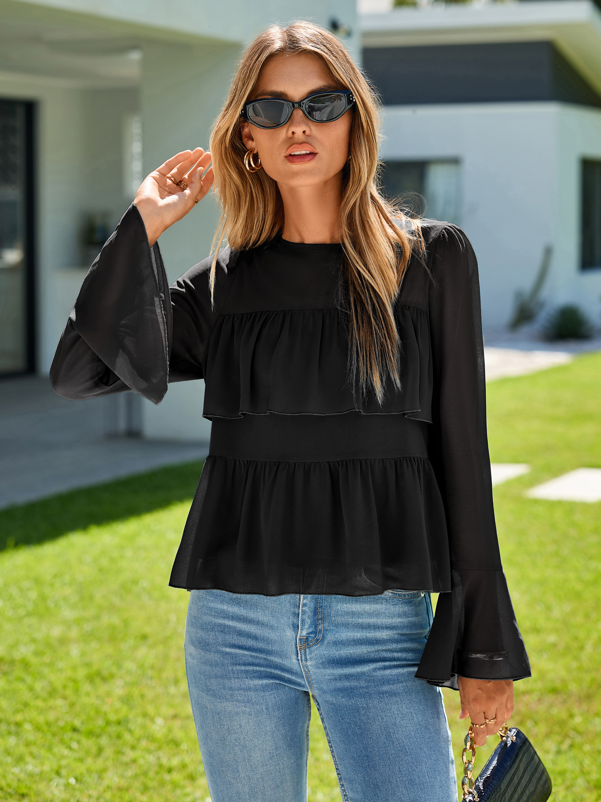 Round Neck Ruffle Peplum Chiffon Blouse
