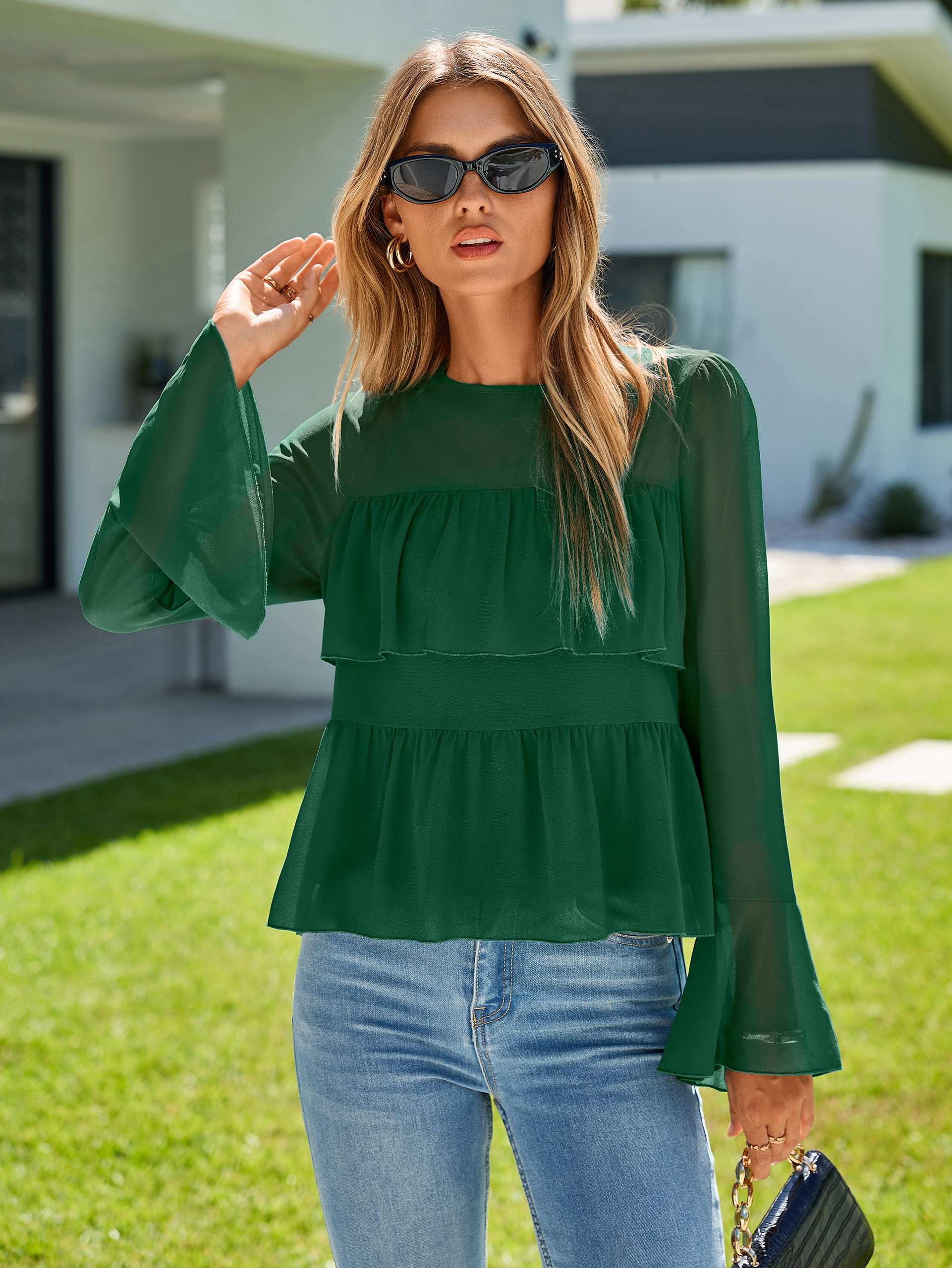 Round Neck Ruffle Peplum Chiffon Blouse