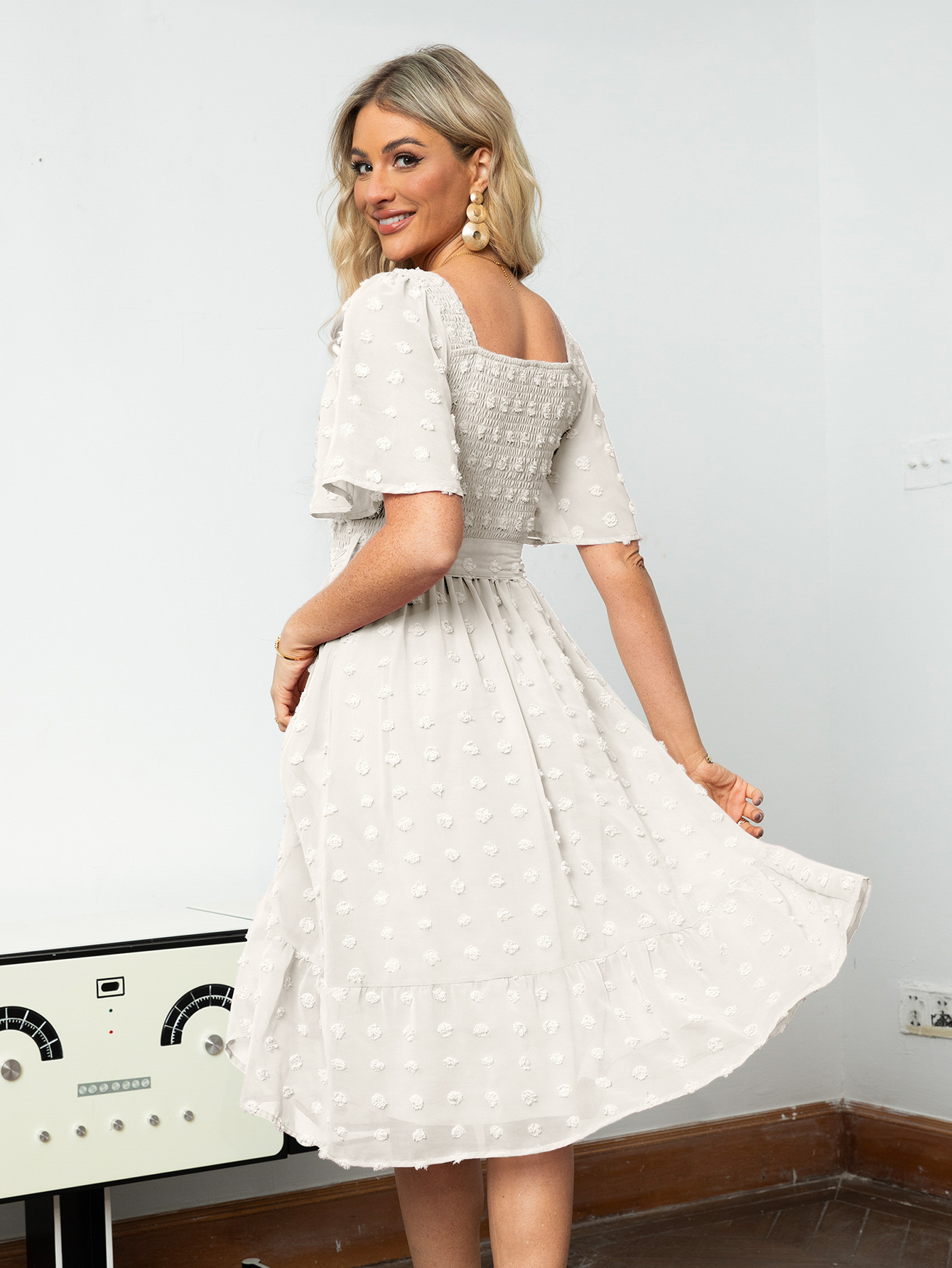 Square Neck Swiss Dot Ruffle Tie Waist Midi Dress - White