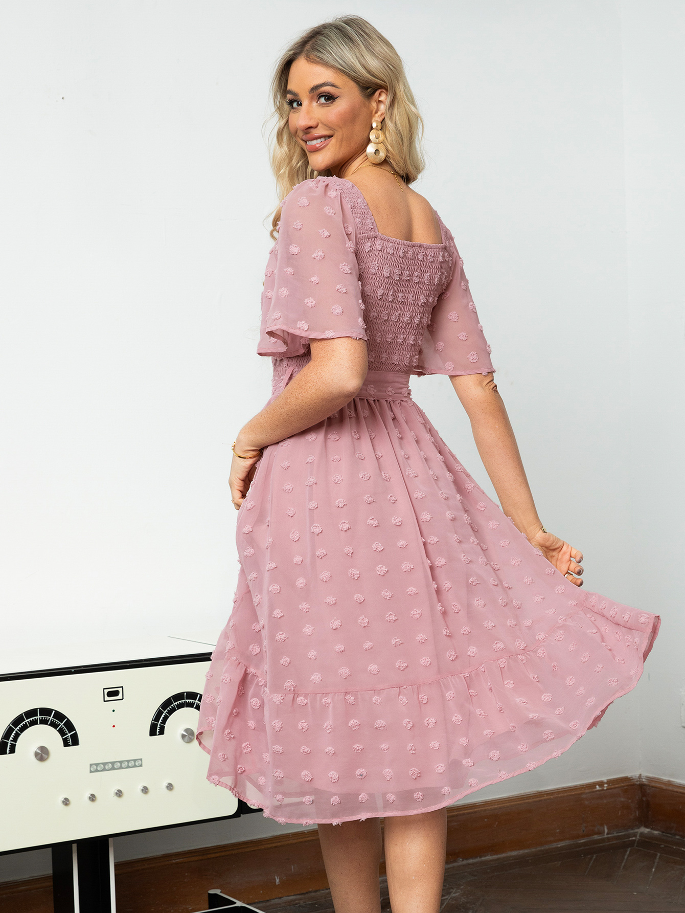 Square Neck Swiss Dot Ruffle Tie Waist Midi Dress - Pink