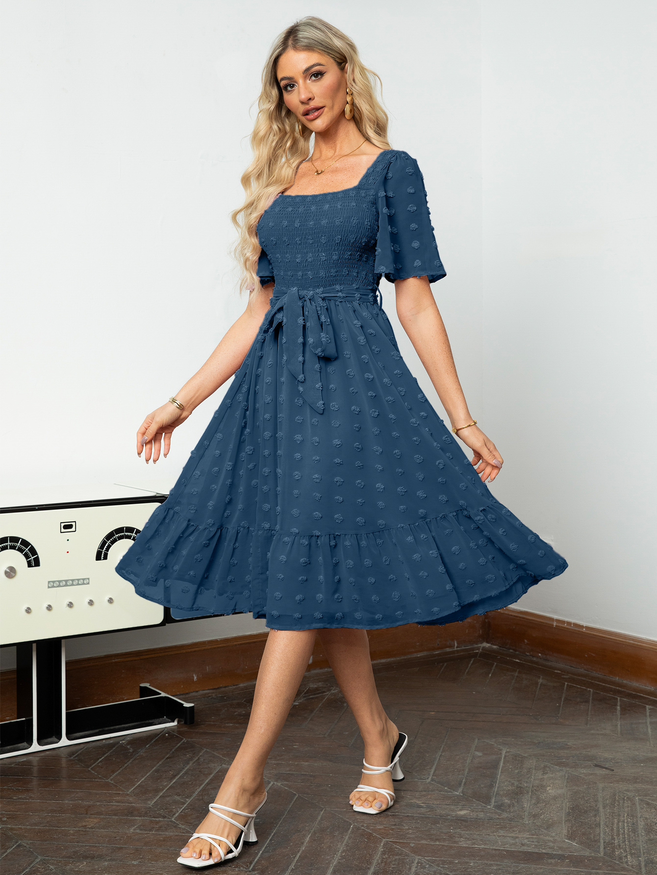 Square Neck Swiss Dot Ruffle Tie Waist Midi Dress - Navy Blue