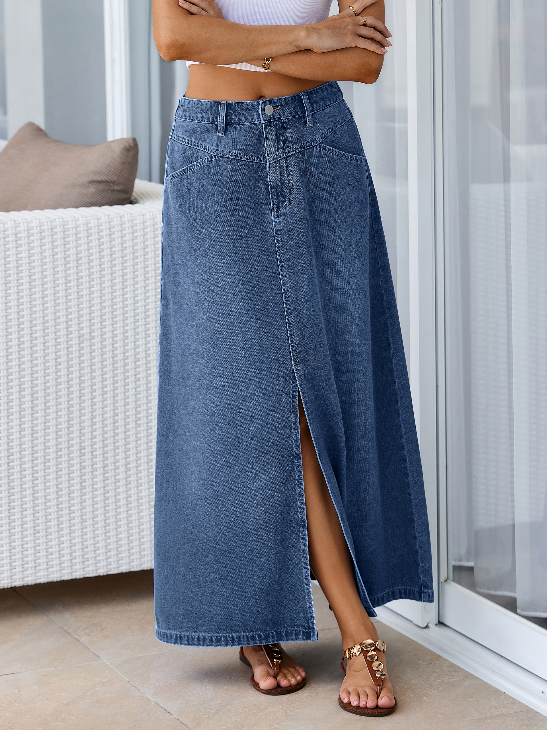 High Waisted Front Slit A-Line Denim Maxi Skirt