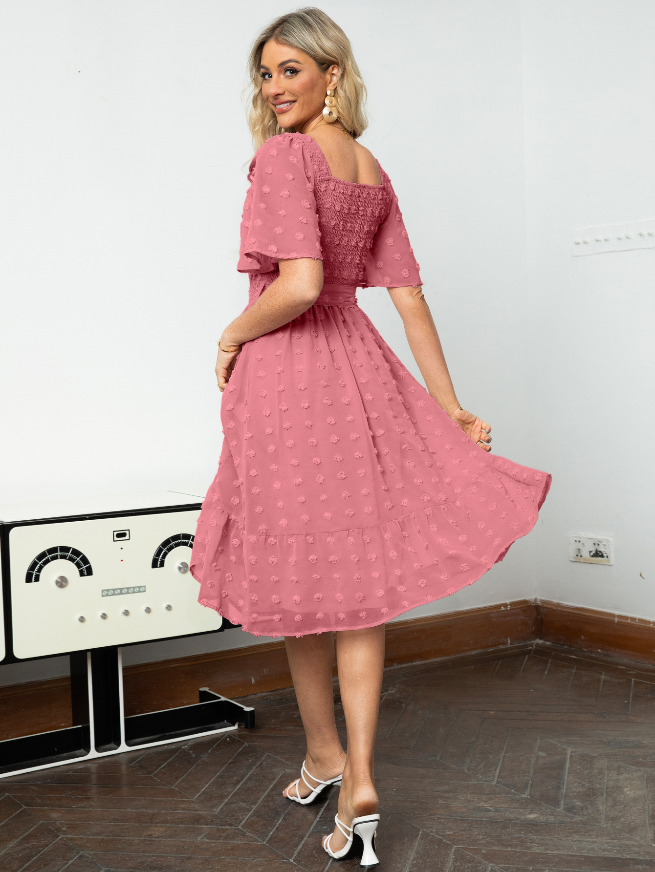 Square Neck Swiss Dot Ruffle Tie Waist Midi Dress - Rust Pink