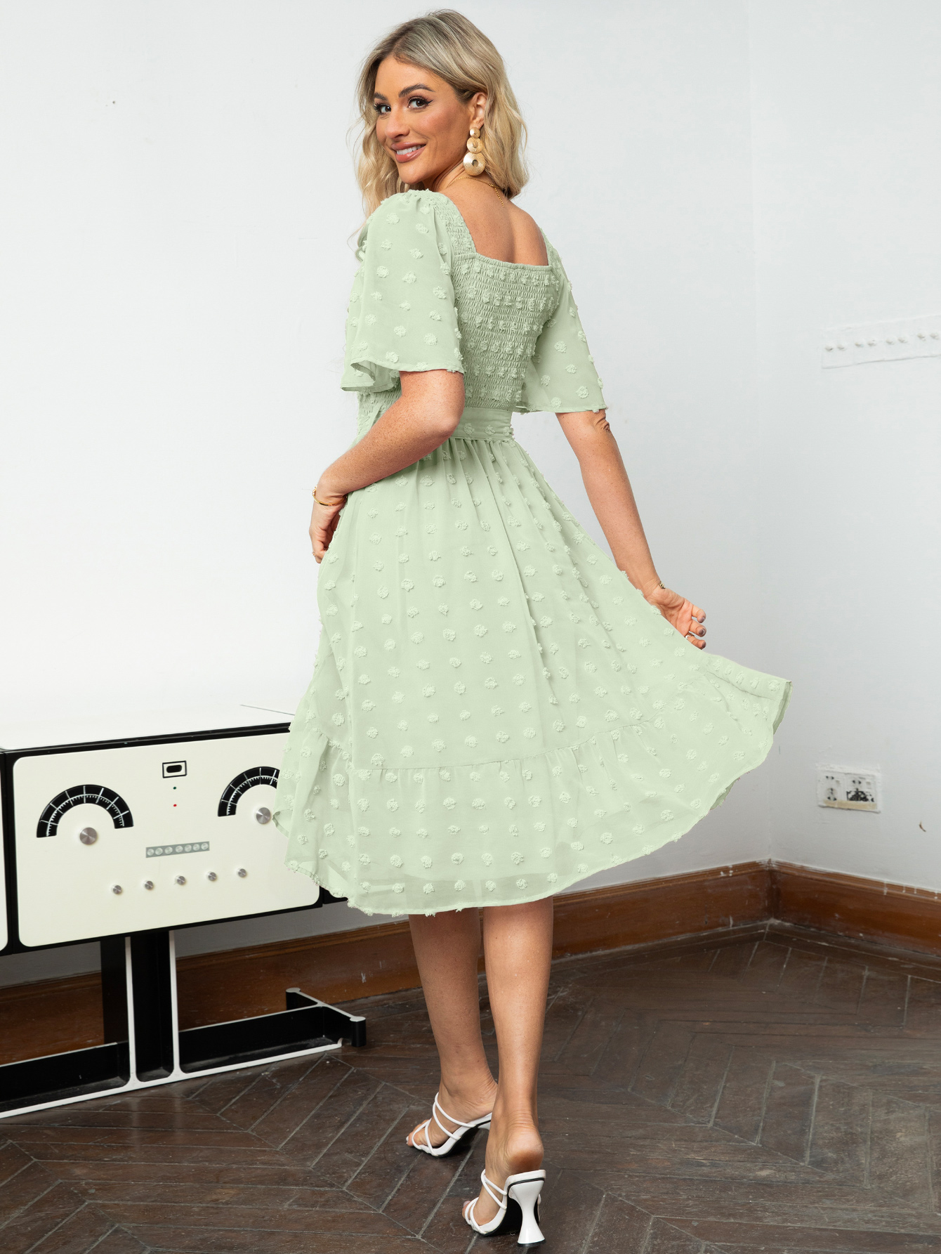 Square Neck Swiss Dot Ruffle Tie Waist Midi Dress - Light Green