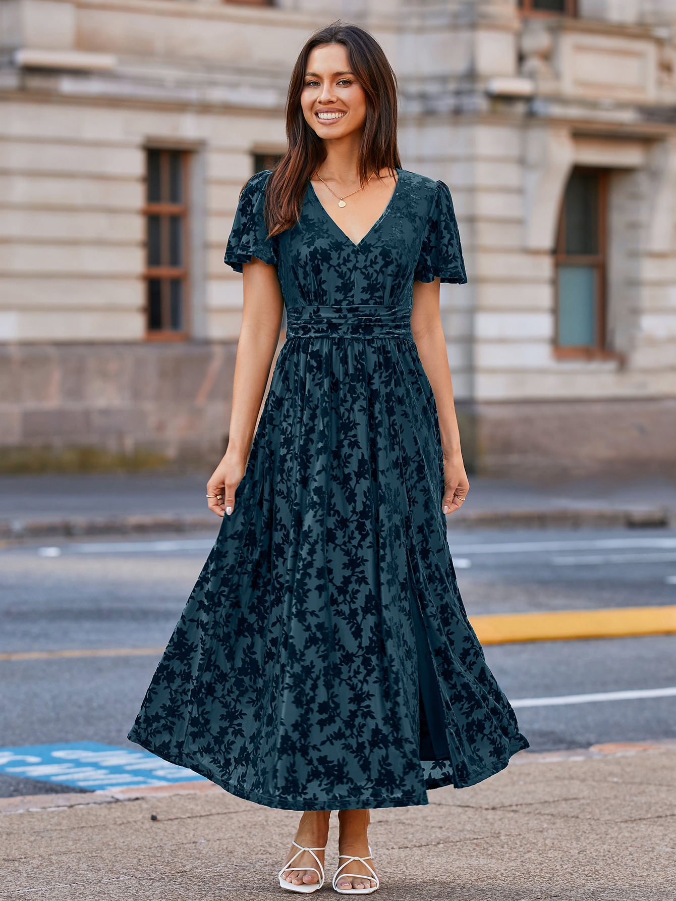 Velvet Floral Slit V-Neck Flutter Sleeve Maxi Dress - Dark Blue