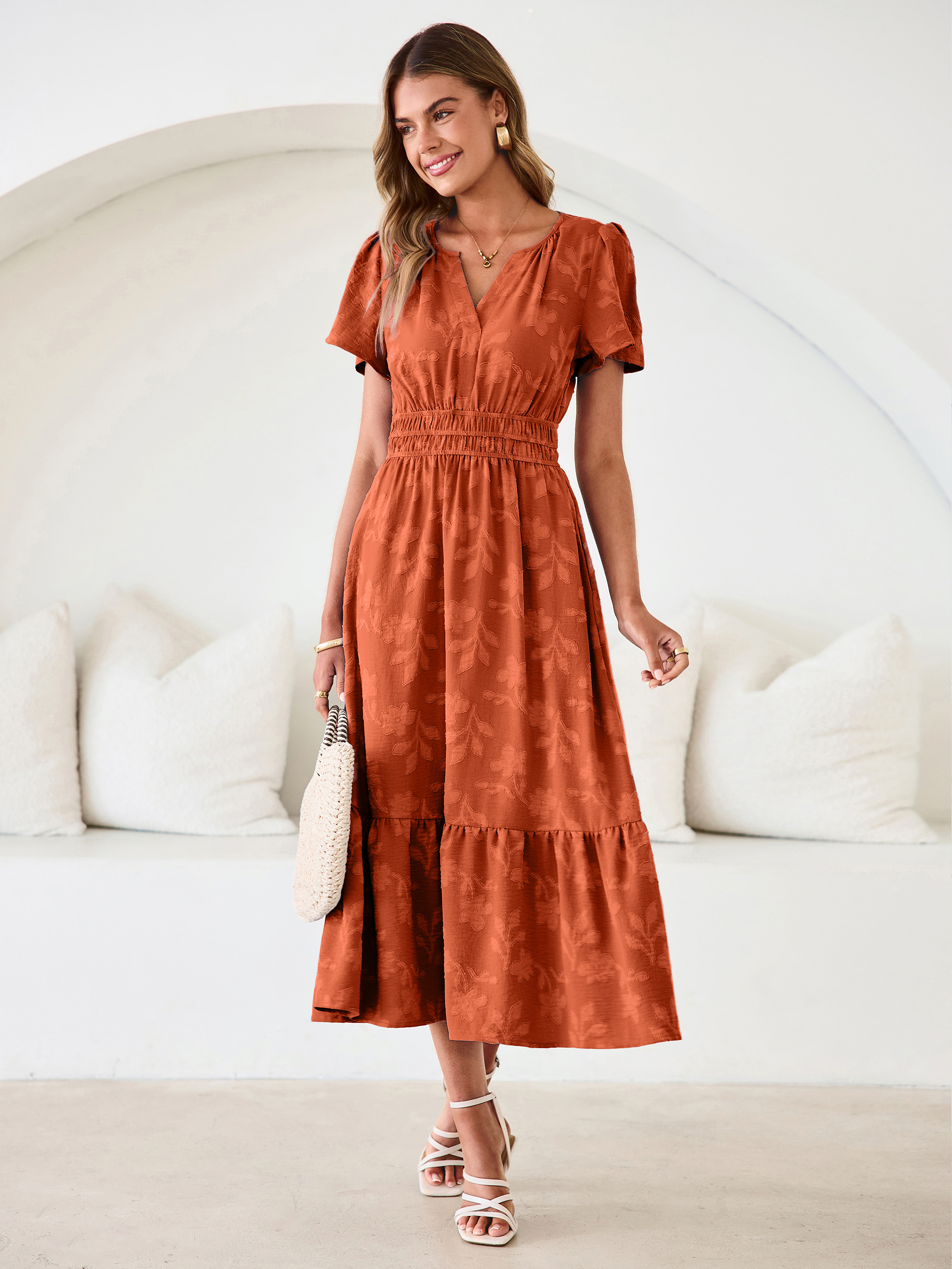 V Neck Burnout Floral Ruffle Maxi Dress