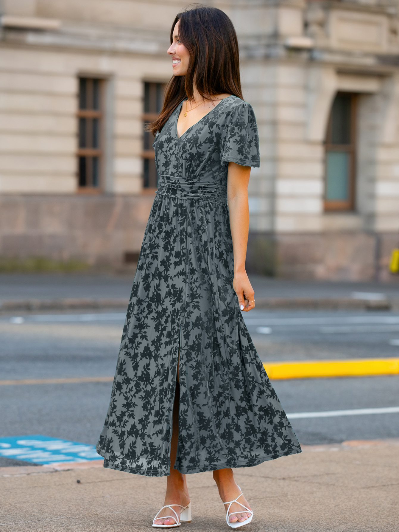 Velvet Floral Slit V-Neck Flutter Sleeve Maxi Dress - Dusty Blue