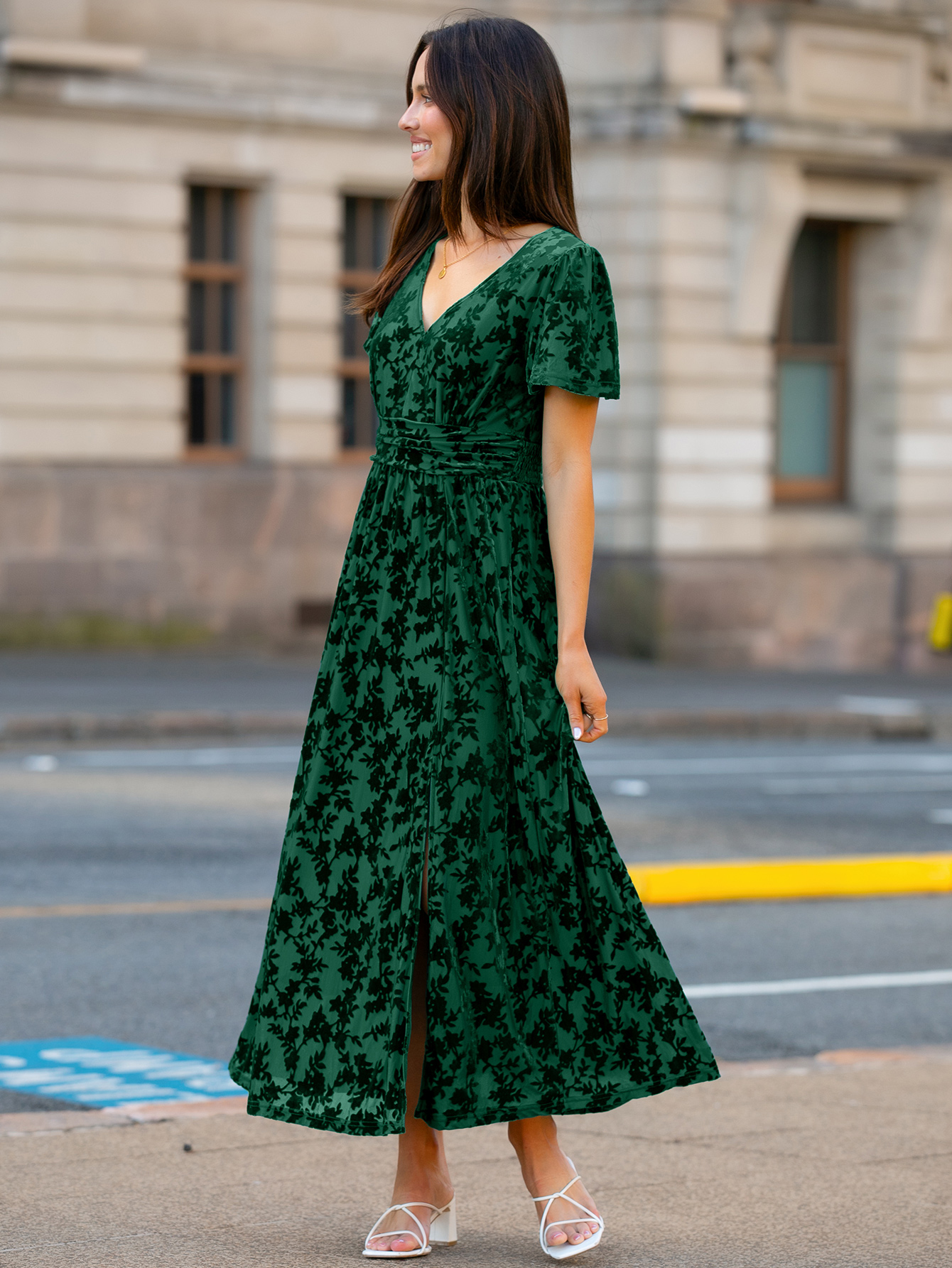 Velvet Floral Slit V-Neck Flutter Sleeve Maxi Dress - Green