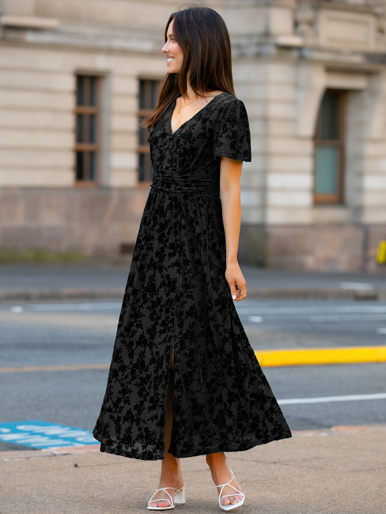 Velvet Floral Slit V-Neck Flutter Sleeve Maxi Dress - Black