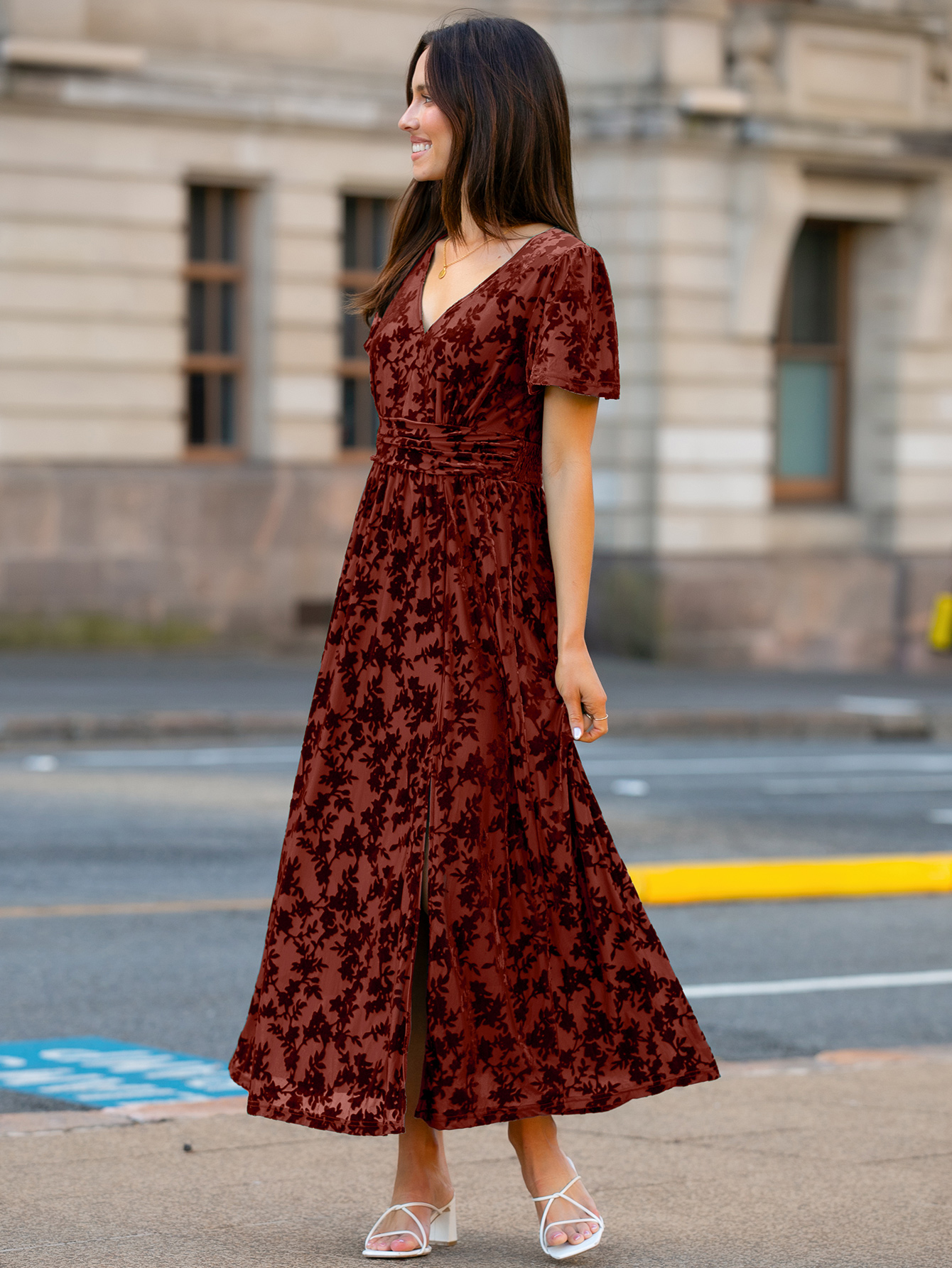 Velvet Floral Slit V-Neck Flutter Sleeve Maxi Dress - Rust