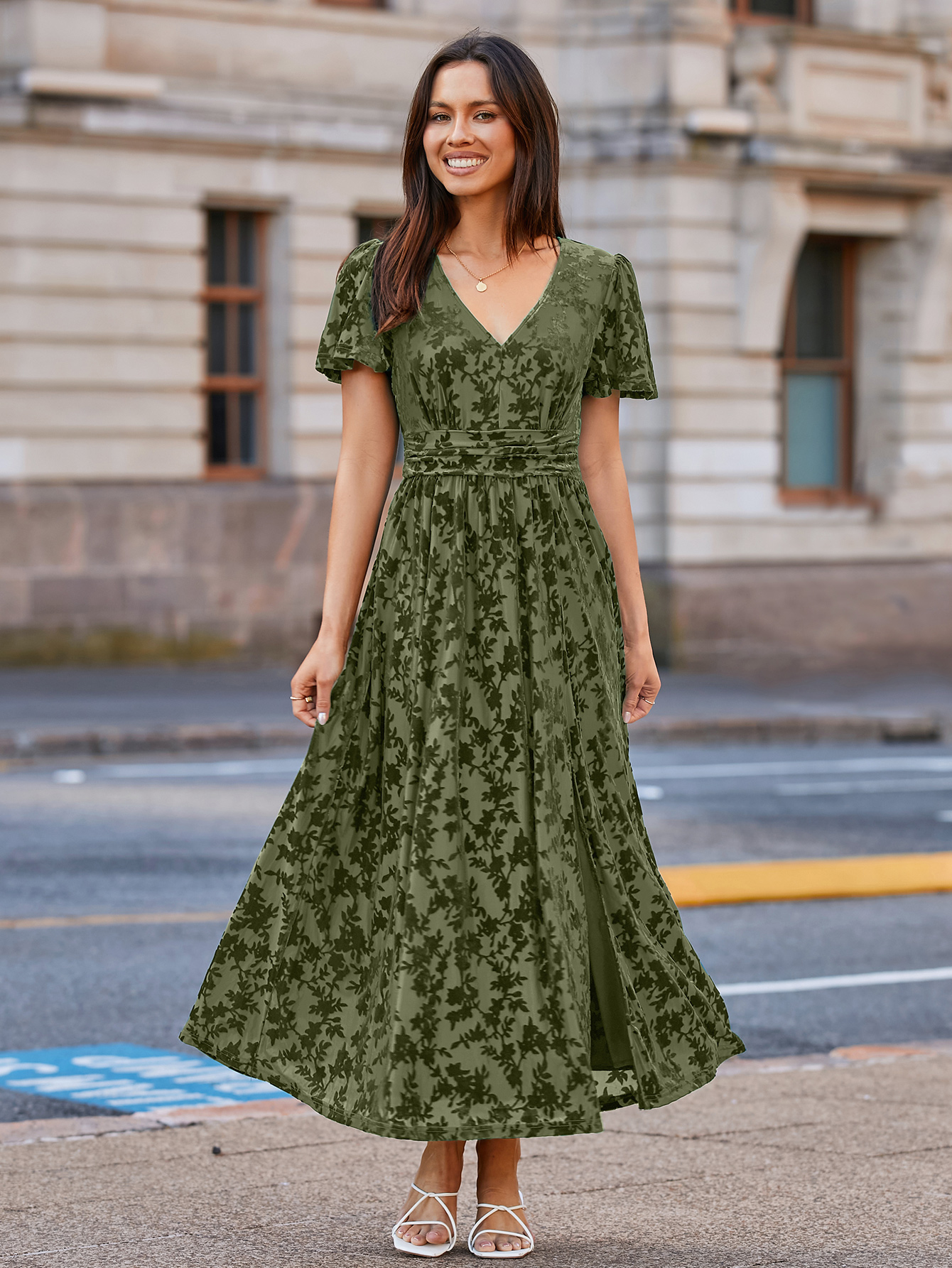 Velvet Floral Slit V-Neck Flutter Sleeve Maxi Dress - Army Green