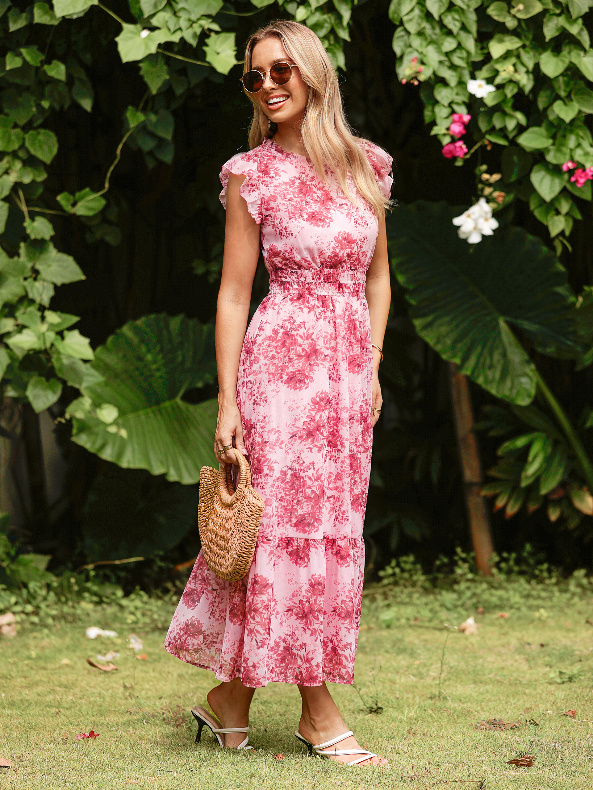 Floral Chiffon Ruffle Neck Flutter Sleeve Maxi Dress