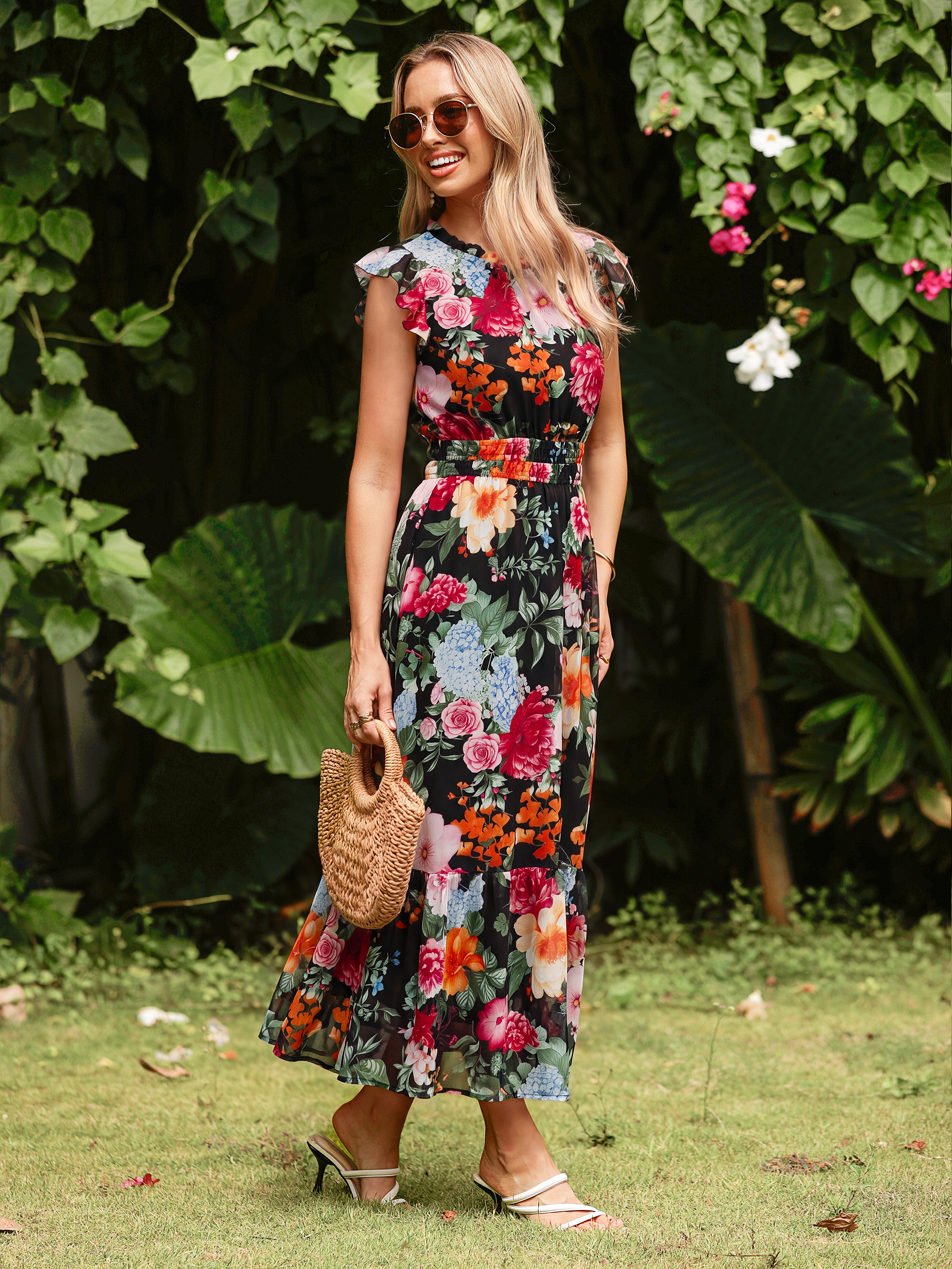 Floral Chiffon Ruffle Neck Flutter Sleeve Maxi Dress