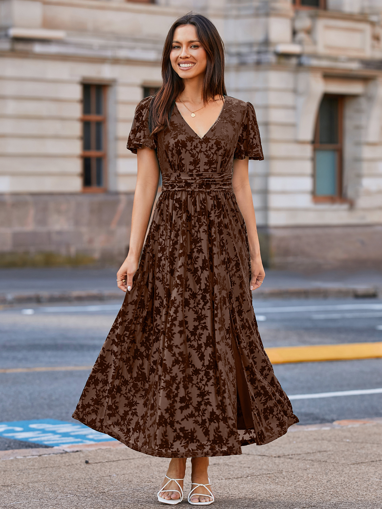 Velvet Floral Slit V-Neck Flutter Sleeve Maxi Dress - Brown