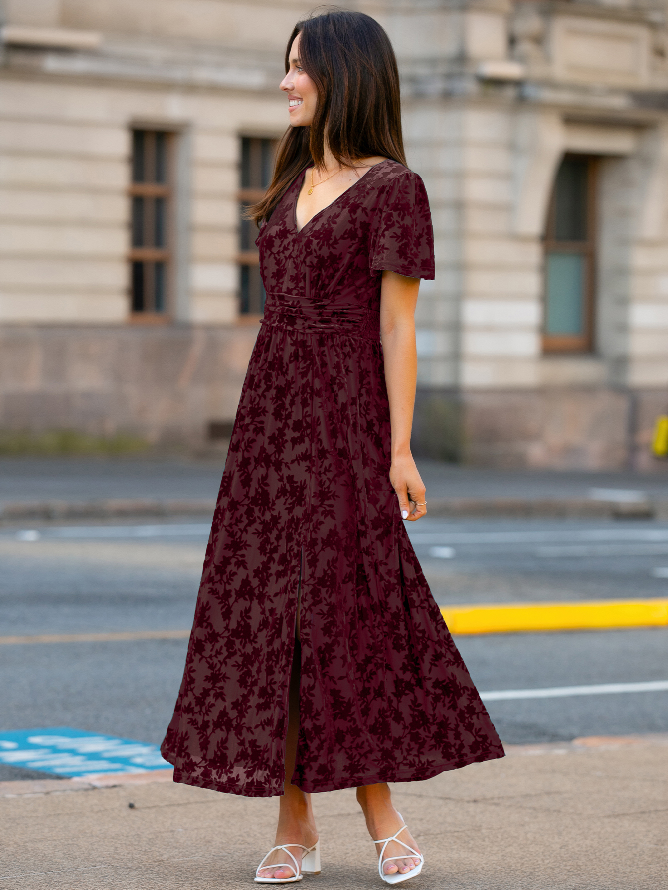 Velvet Floral Slit V-Neck Flutter Sleeve Maxi Dress - Burgundy